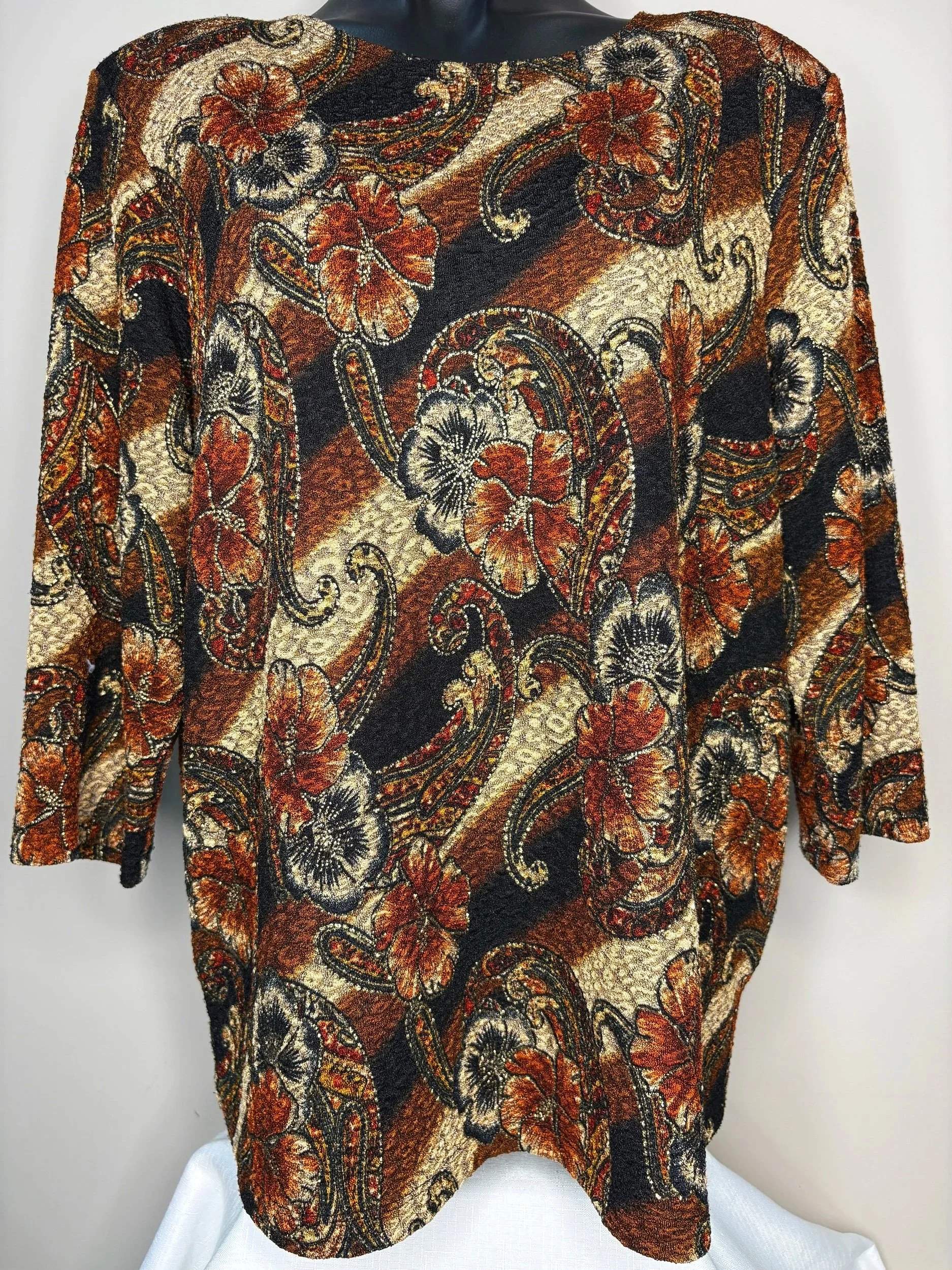 Vintage Copper/ Beige & Bronze Stretch Blouse (Size 16)- Retro Glamour