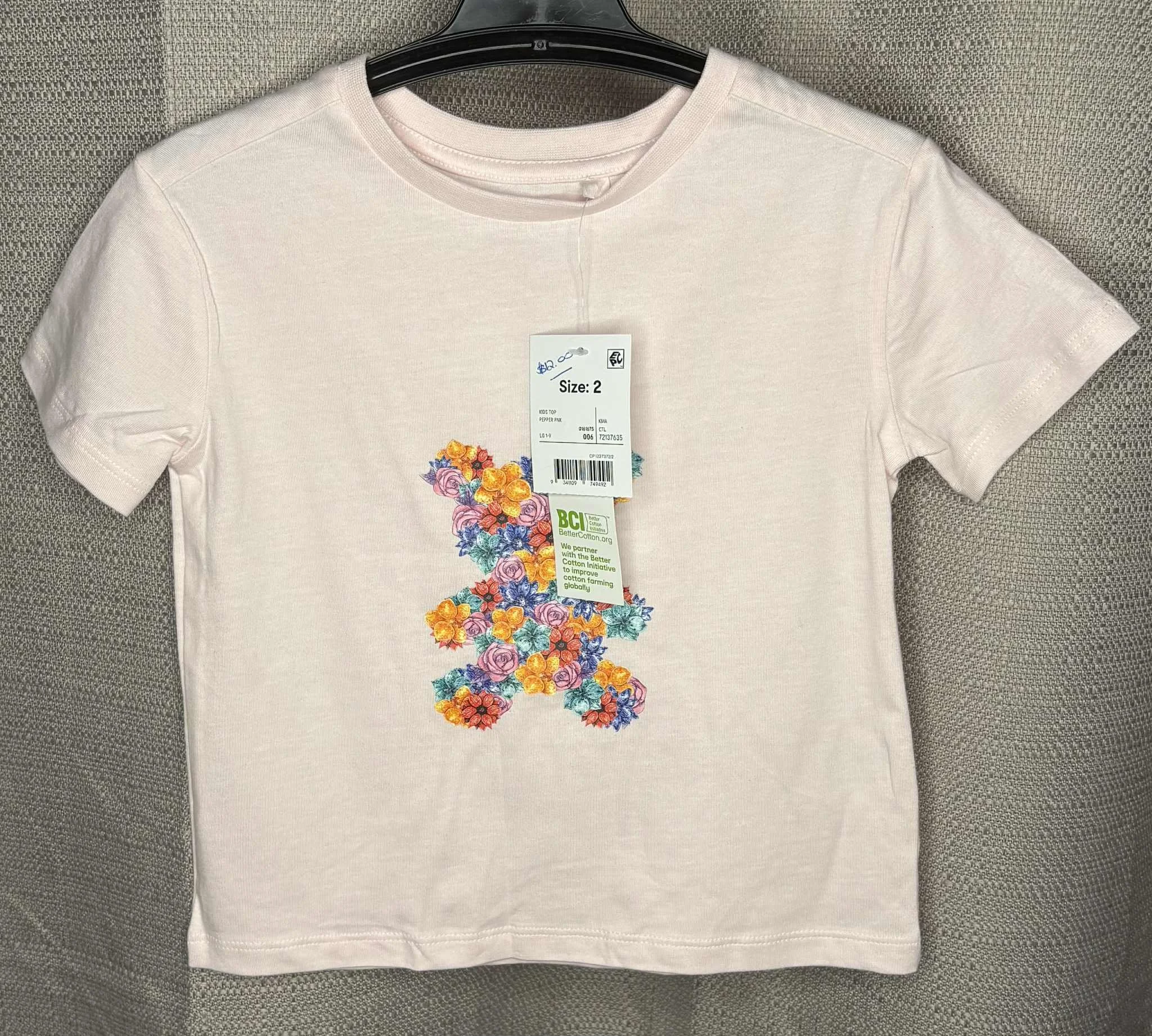 Pink Floral Teddy Print T-shirt (Size 2)