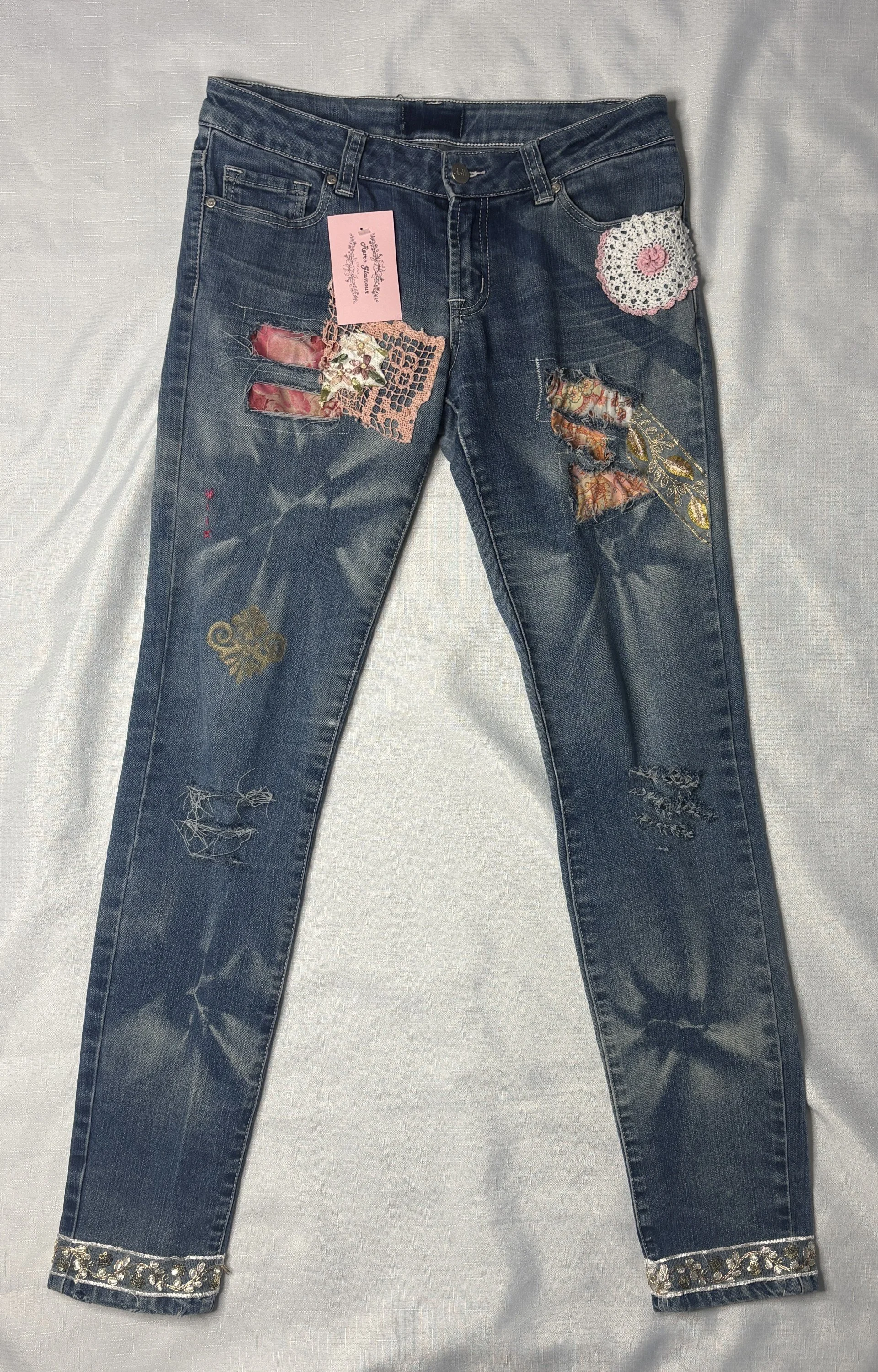 Distressed Pink Gold Patched Jeans - Unique (Size 10)