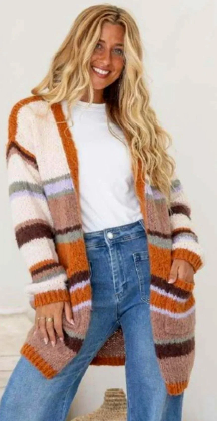 Terracotta Biscuit Stripe Knit Cardigan (size M/L) -Retro Glamour