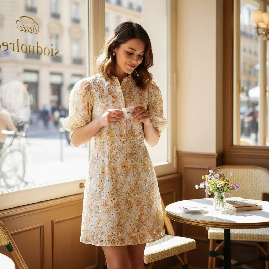 MINKPINK Vintage Embroidered Spring Floral Puff Sleeve Fitted Dress (Size S)-Retro Glamour