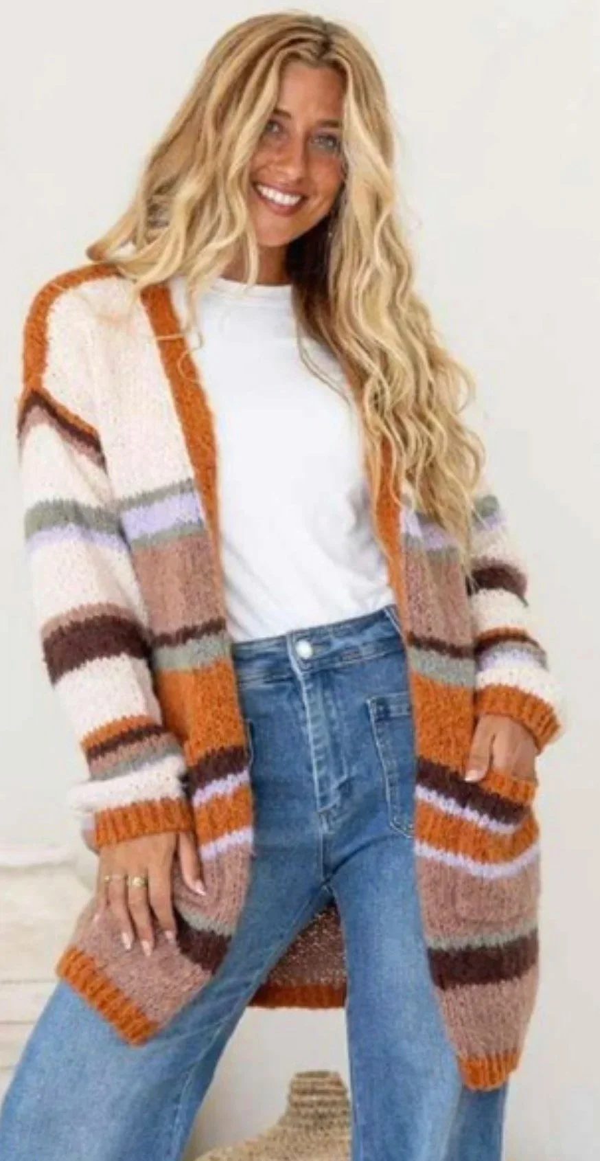 Terracotta Biscuit Stripe Knit Cardigan (size S/M) -Retro Glamour