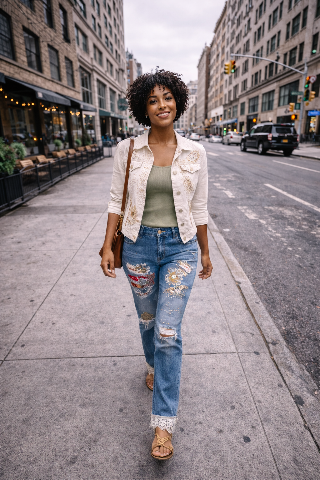 Dark skinned woman walking along the footpath wearing customised cycled jeans, green top, and white jacket with a brown handbag.