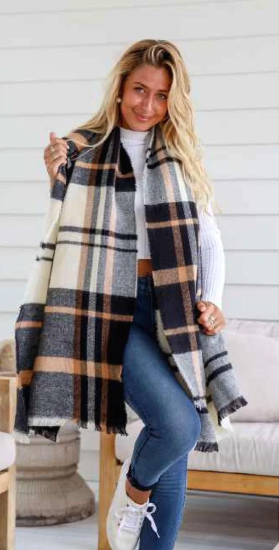 Fine Knit Black / White/Camel Check Scarf- Retro Glamour