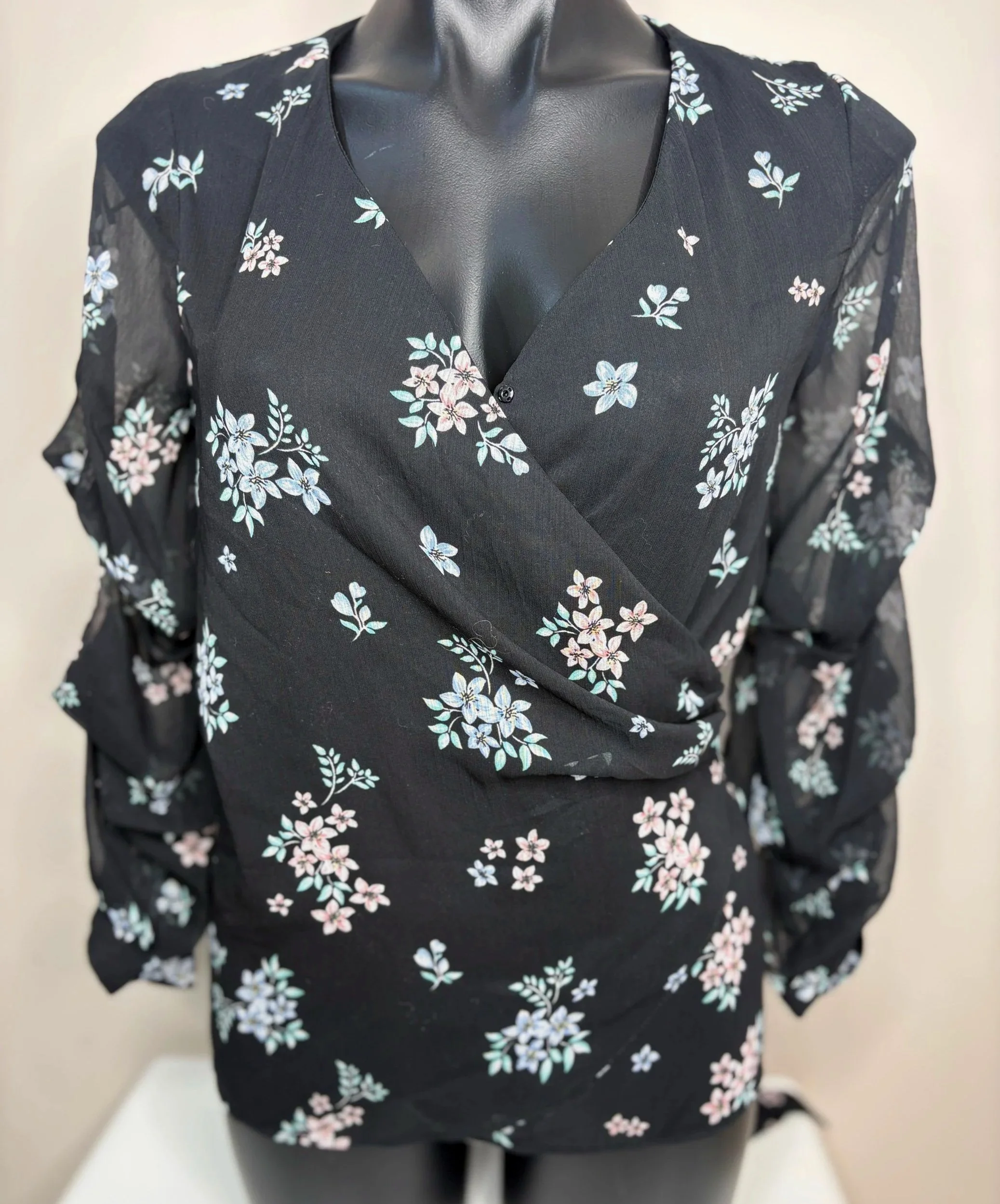 Just Jeans 100% Polyester Black Floral Wrap Blouse ( Size 8)-Retro Glamour
