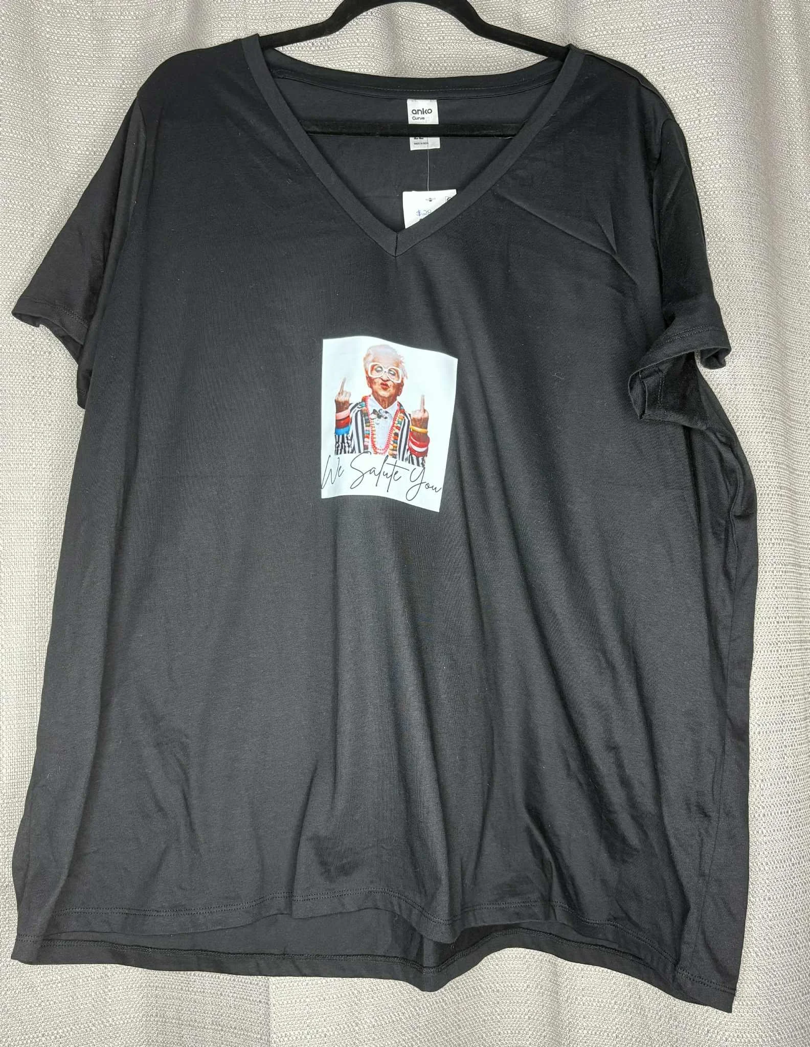 *NEW Black  "We Salute You" Print T-Shirt (Size 22)