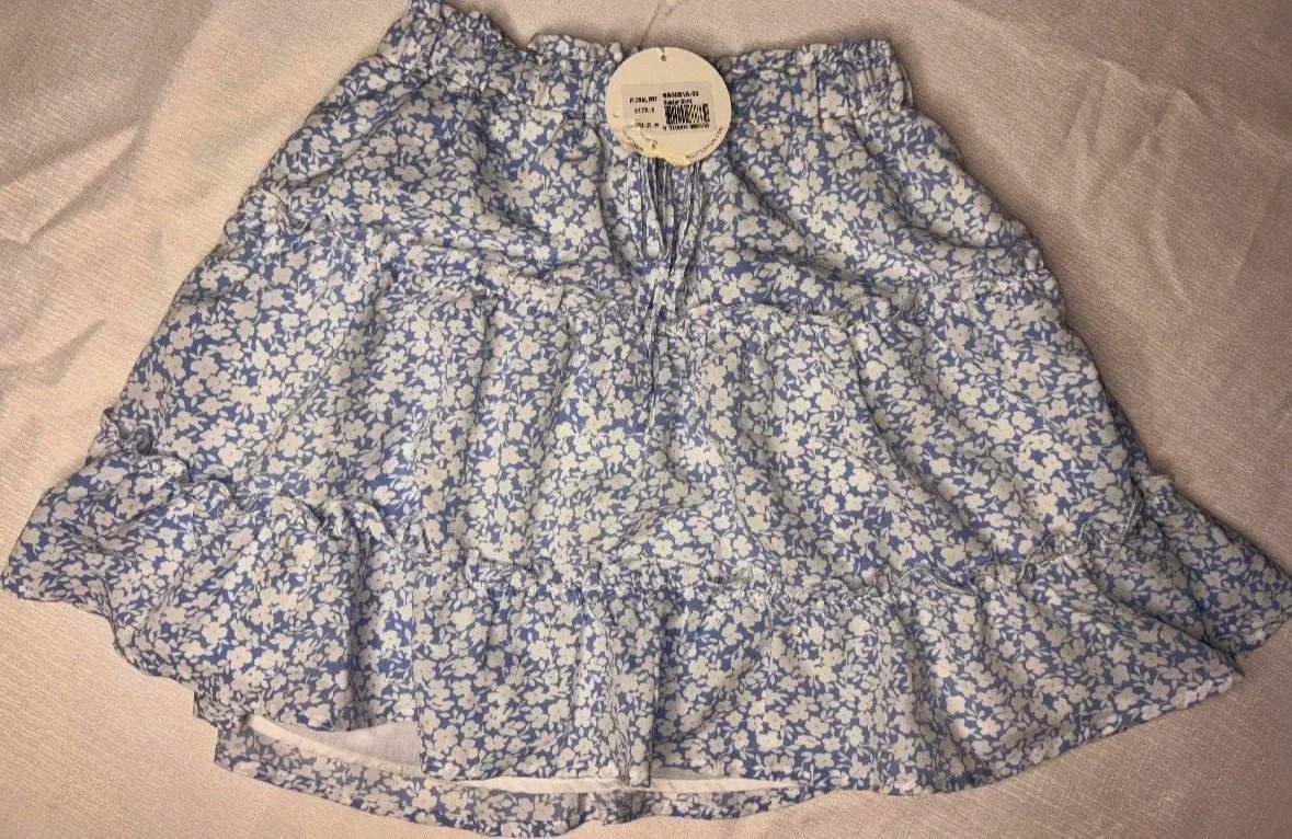 Ally Fashion Blue white floral  A-line Ruffled Skirt - Casual (Size 8) - Retro Glamour