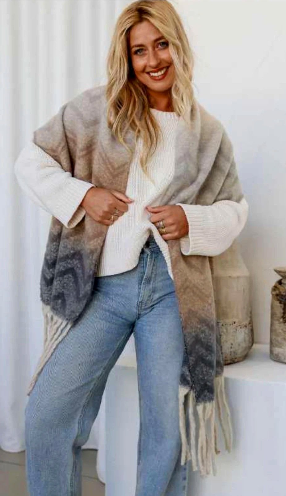 Soft Tassel Chevron Natural Grey Scarf-Retro Glamour
