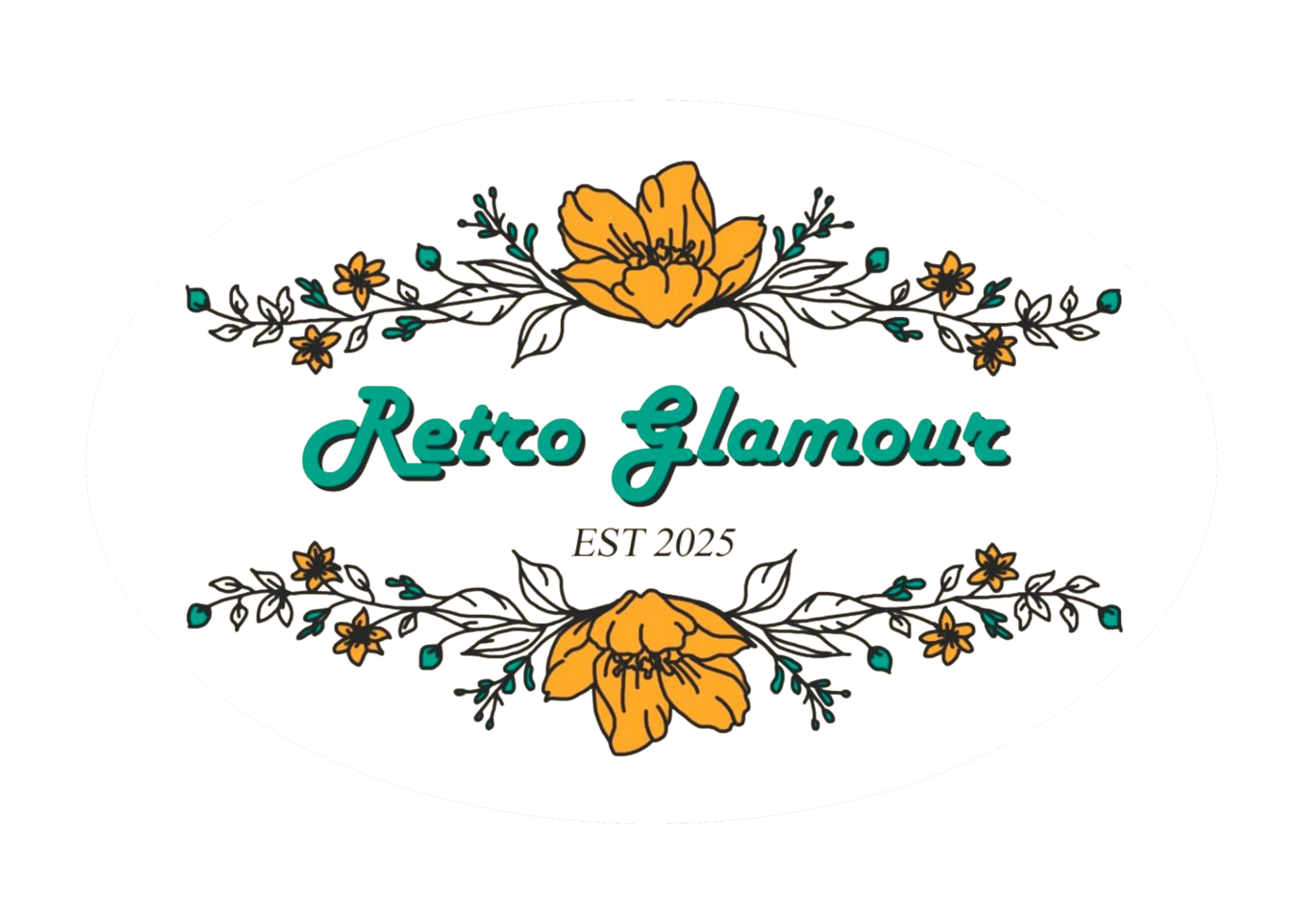 Vintage-style logo for Retro Glamour, featuring yellow flowers and decorative foliage, with the text "Retro Glamour" and "EST 2025" on a white oval background.