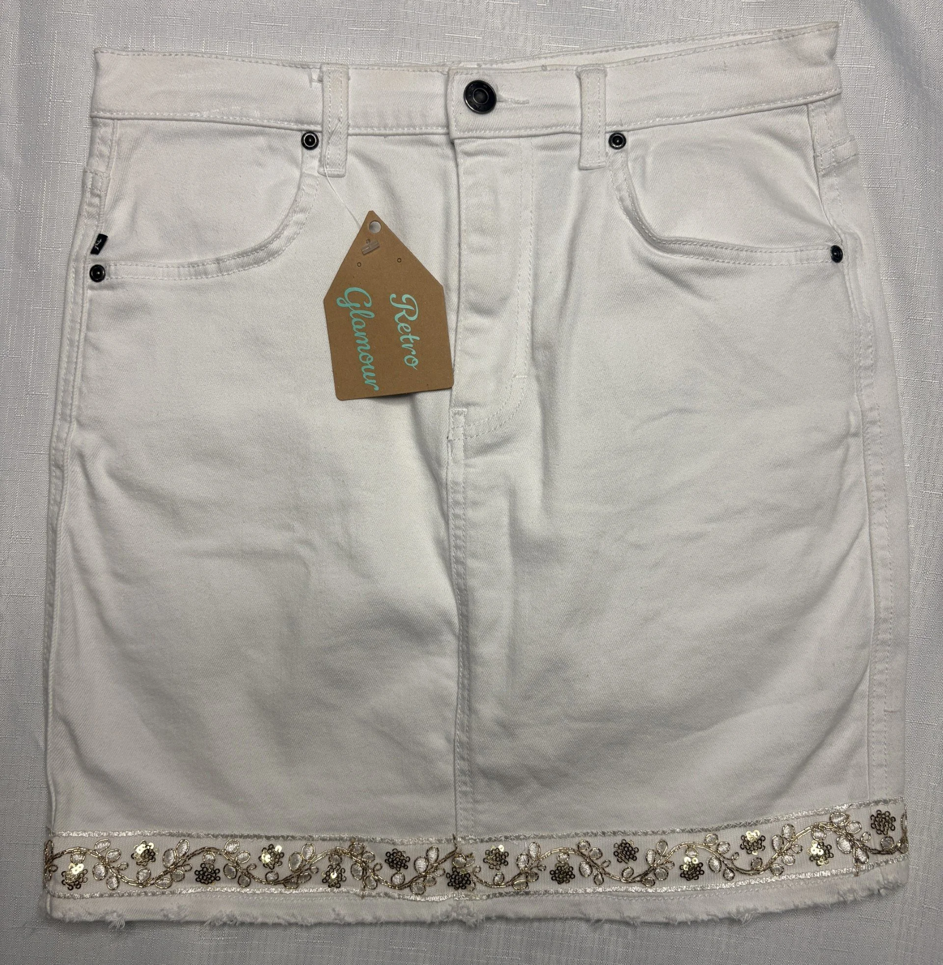 Gold Embroidered Denim Skirt - Detailed Boho (Size 14)