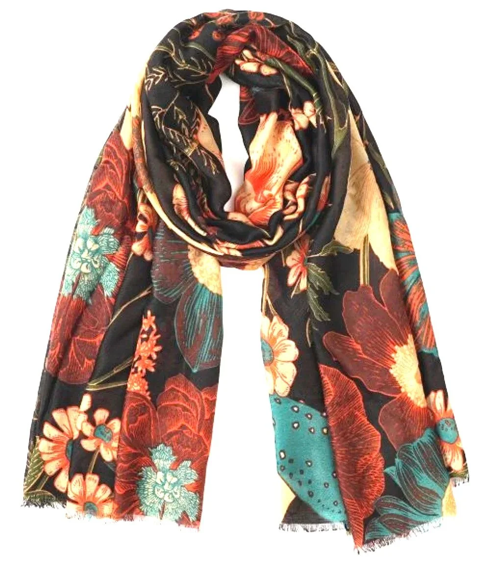 Boho Aqua / Chocolate Floral Scarf-Retro Glamour
