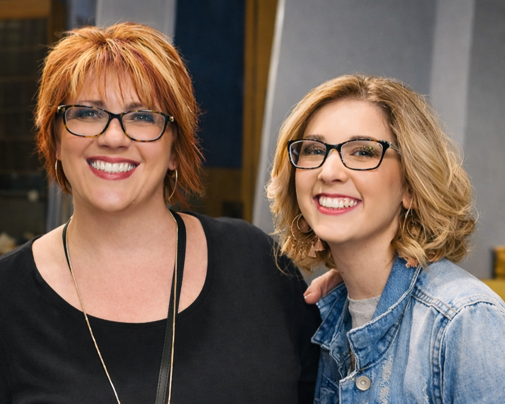 Two women smiling, one with short red hair and glasses, the other with shoulder-length blonde hair and glasses, standing close together indoors.