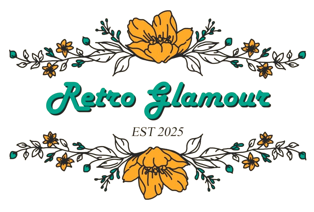 Retro Glamour logo with yellow flowers and teal text, established 2015.