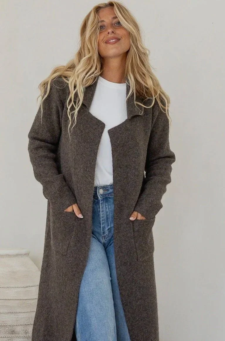 Chocolate Marle Knit Longline Cardigan (Size S/M)-Retro Glamour
