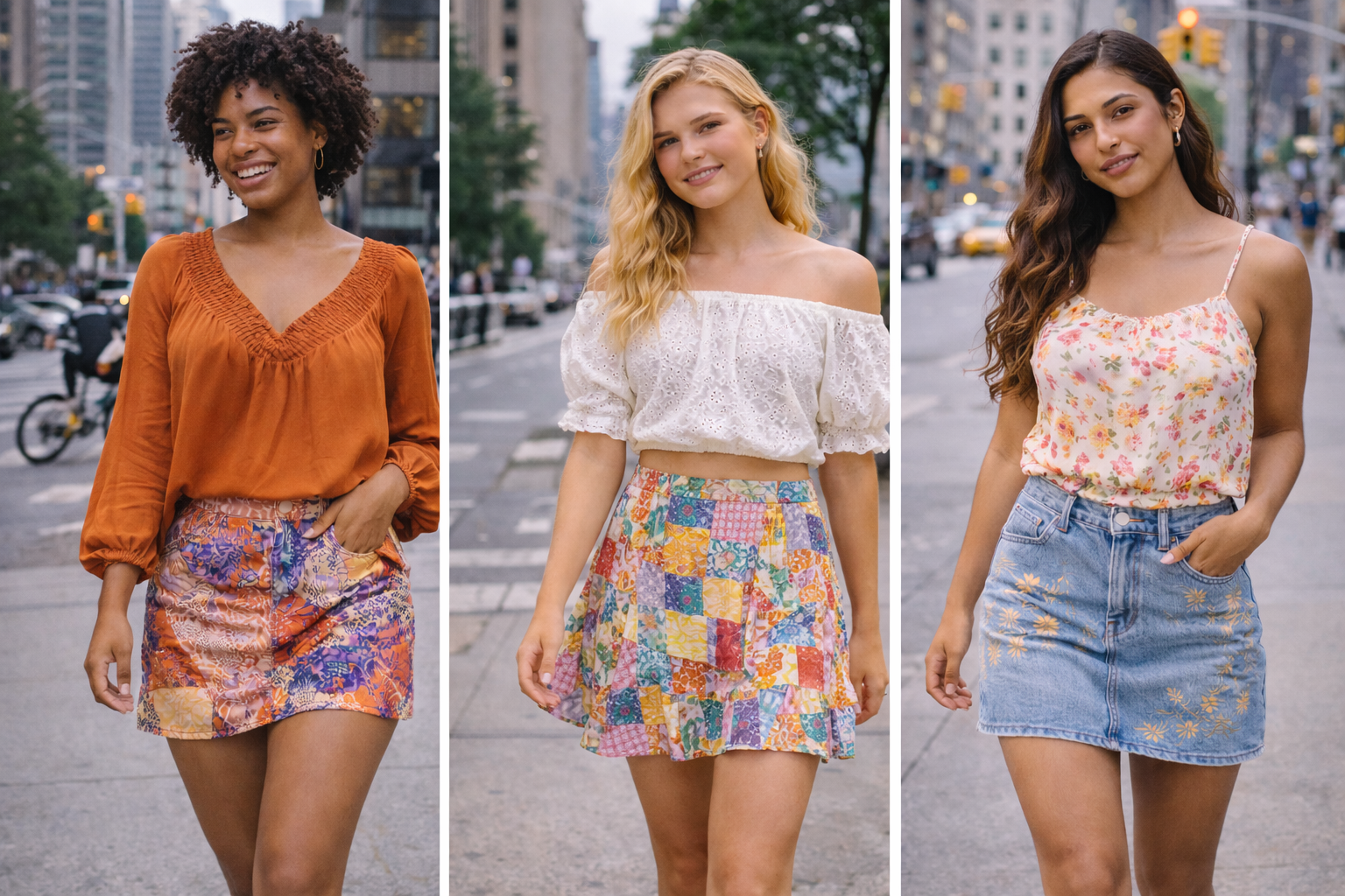 Three women in stylish summer outfits walking on city streets.