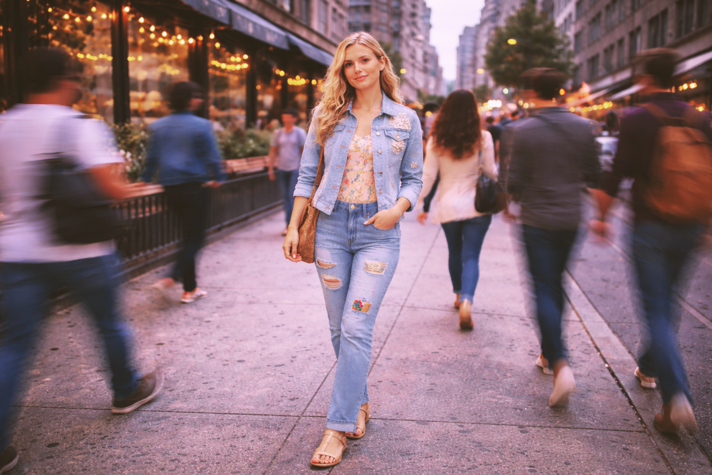 A young woman with blonde hair wearing a denim jacket, floral top, and ripped jeans walking on a busy city street with blurred pedestrians and warm lighting in the evening.