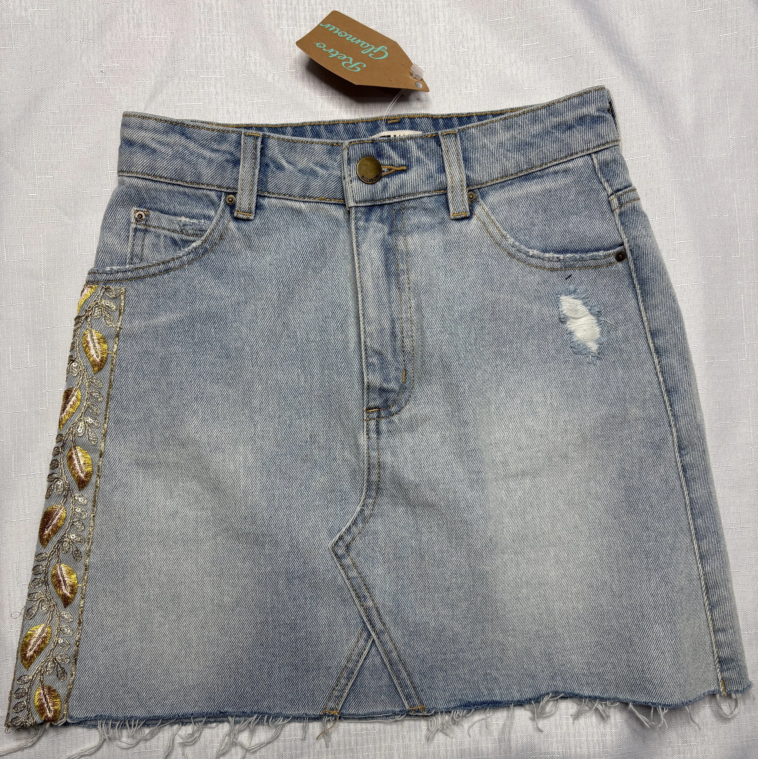 Gold Leaf Embroidered Denim Skirt - Boho Luxe (Size 14)