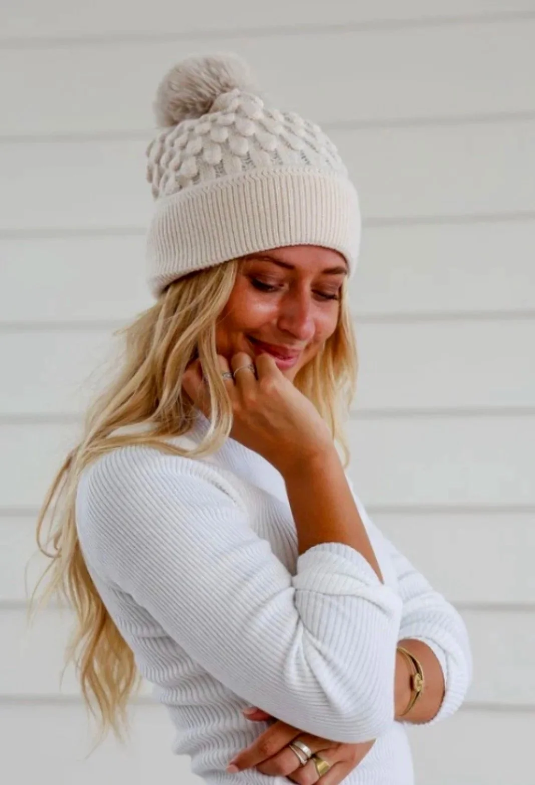 Scallop Knit Cream Beanie (One Size)-Retro Glamour