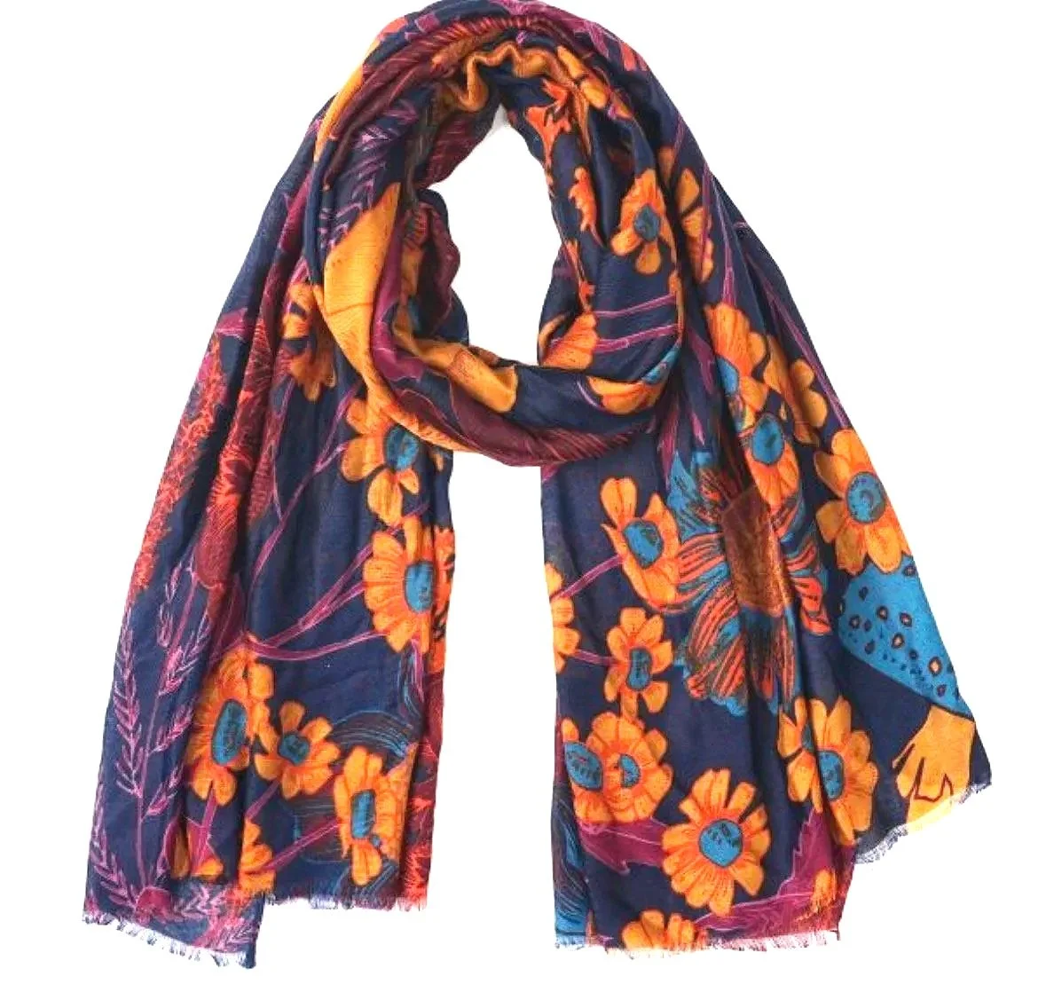 Bright Orange/ Blue Daisy Floral Scarf- Retro Glamour