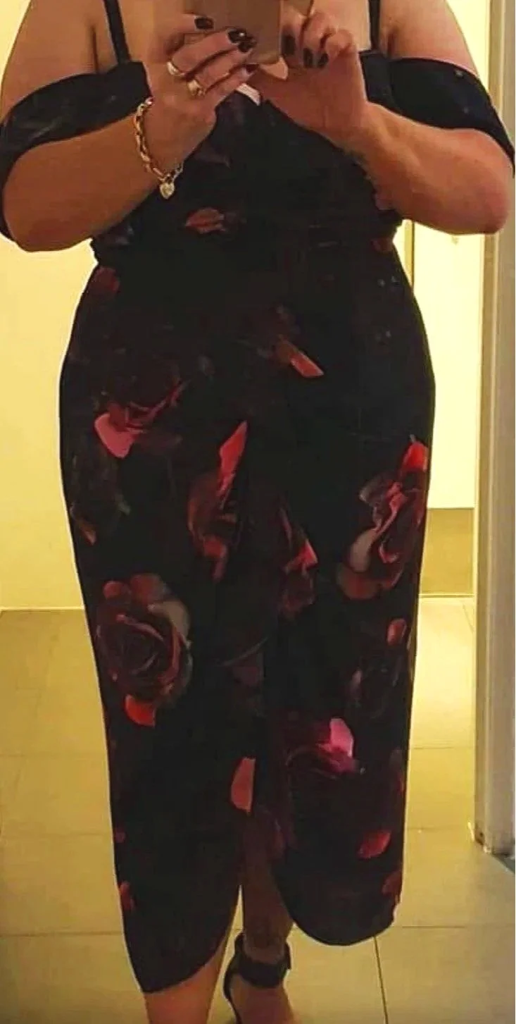 City Chic Burgundy/Pink Rose Dress (Size M)-Retro Glamour