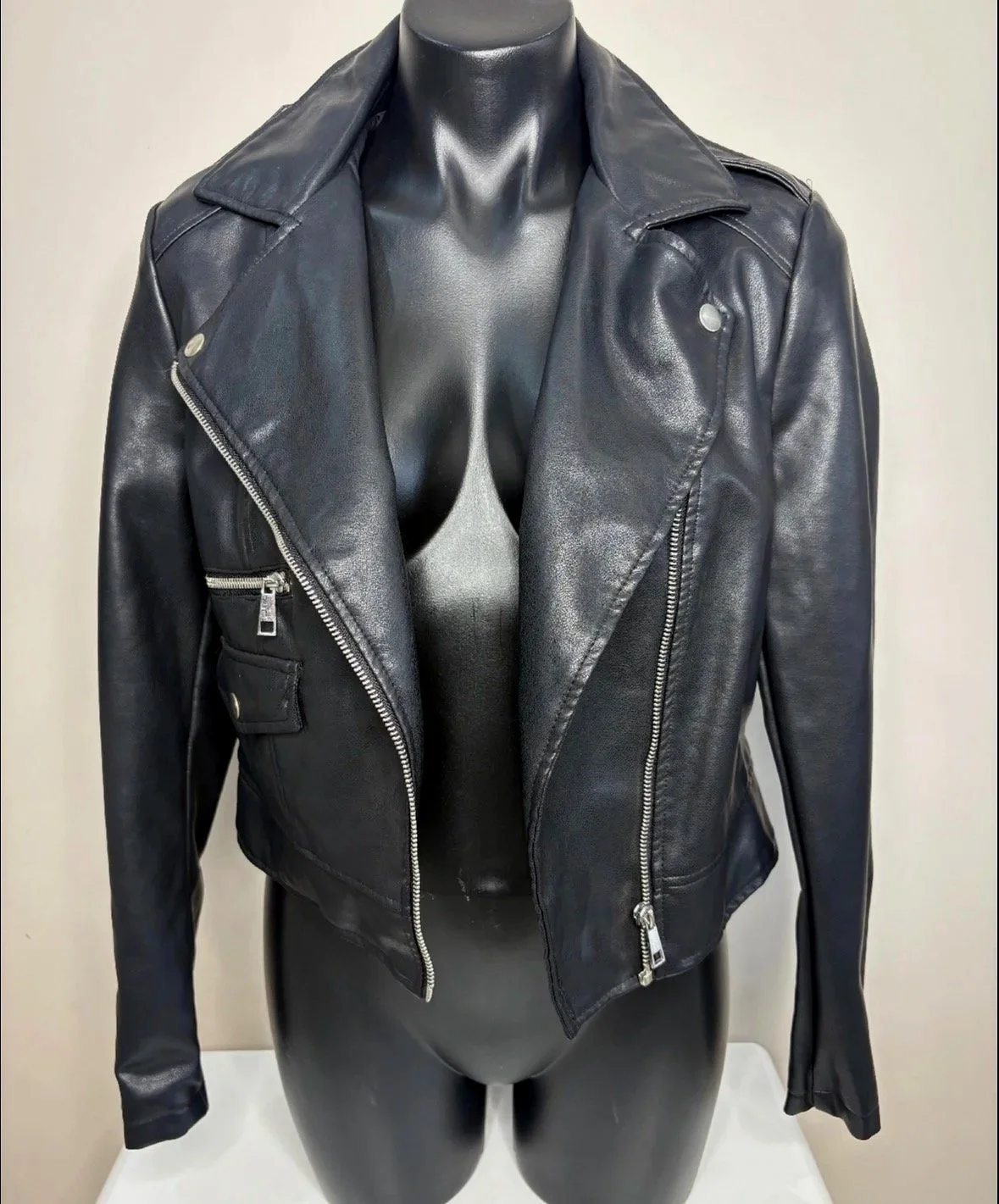 'Cotton On' Black Faux Leather Jacket - Biker Casual (Size 8)-Retro Glamour