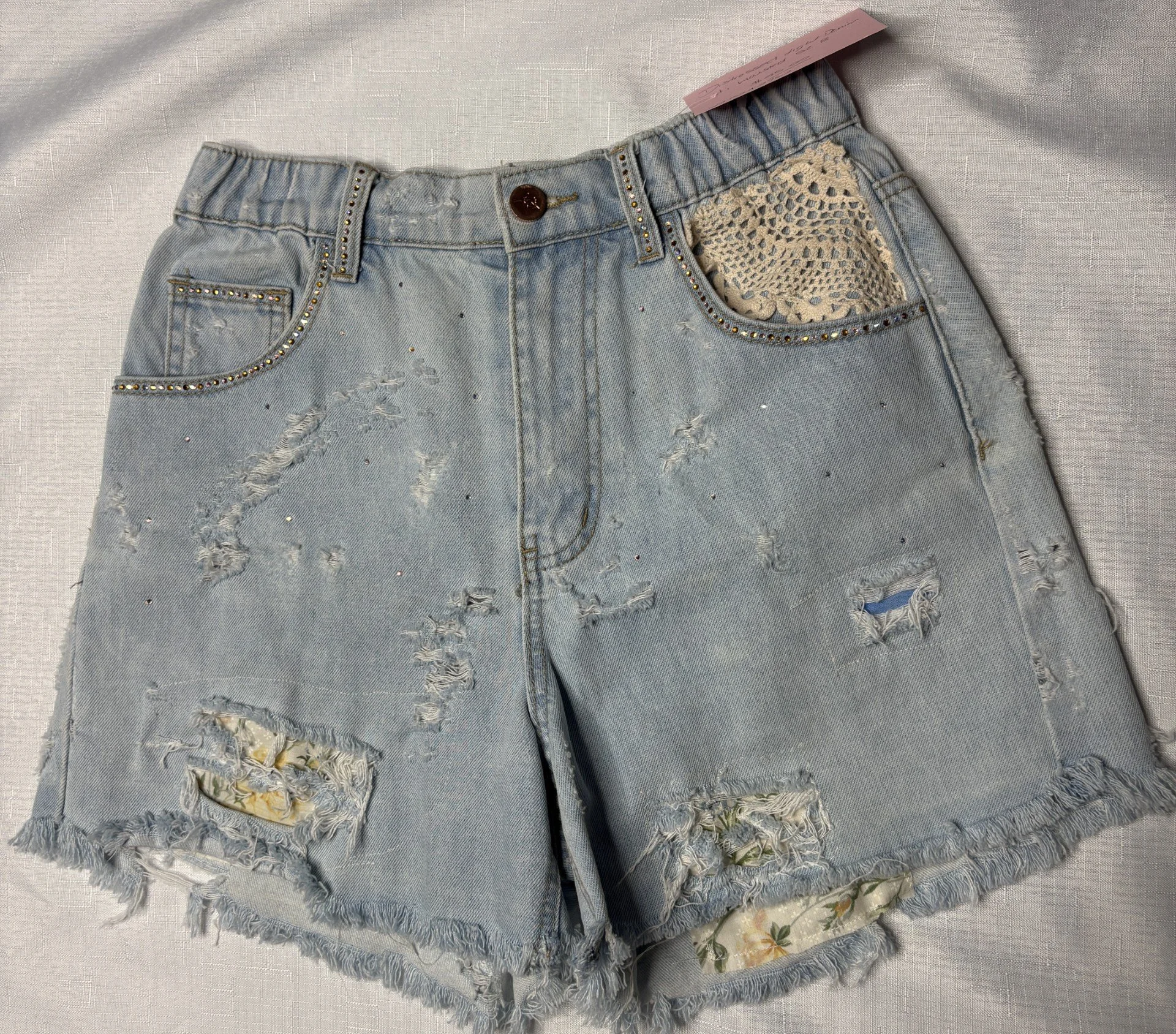 High Waisted Floral Denim Shorts - Feminine Style (Size 8)
