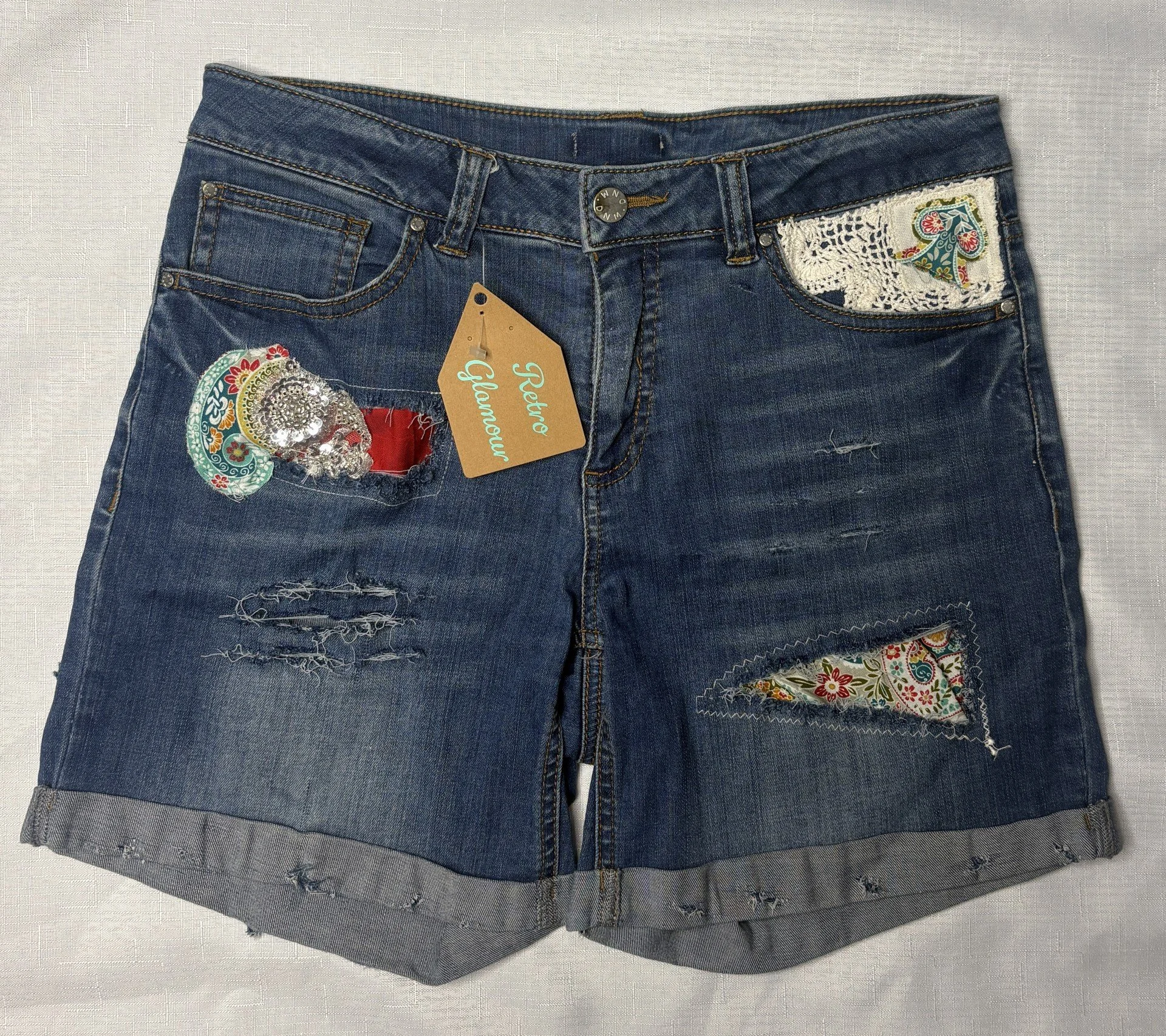 Multi-Coloured Paisley Denim Shorts - Festival Style (Size 14)