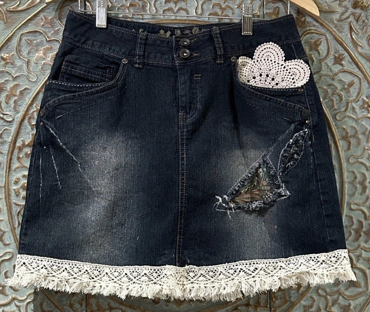 Upcycled Ruffled Lace Denim Skirt - Romantic Sustainable (Size 12)