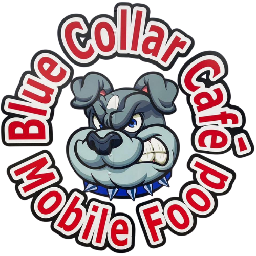 Logo featuring a cartoon bulldog with a fierce expression, surrounded by text reading 'Blue Collar Café & Mobile Food' in red and black letters.