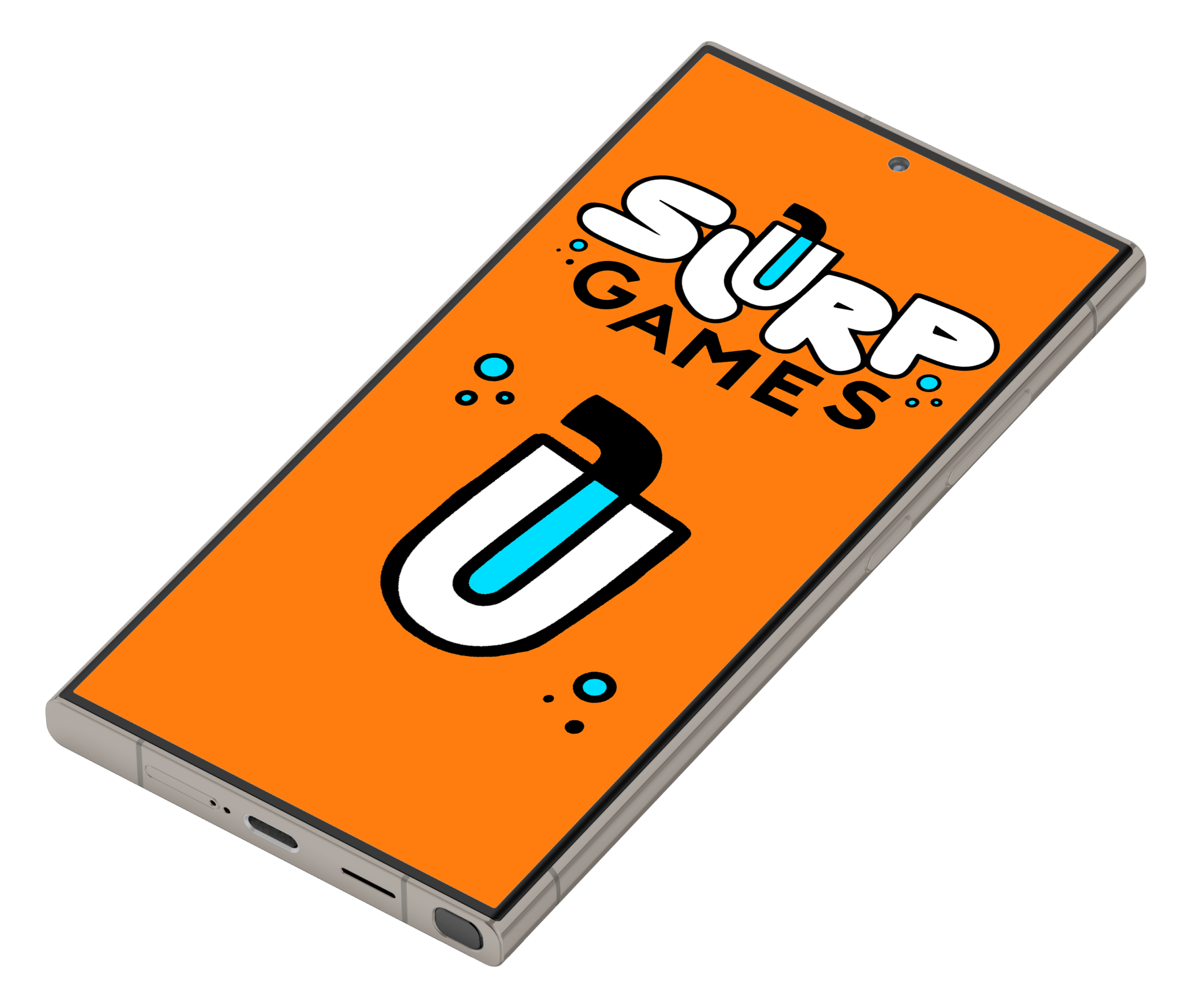 Mobile phone displaying the logo for 'Slurp Games'.