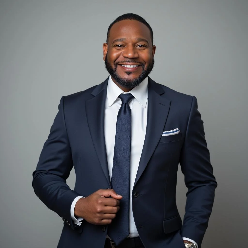 Hasani Hudson, a smiling African American man in a dark suit, white shirt, and dark tie, standing against a plain gray background.
