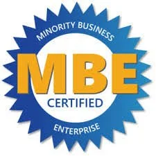MBE Certified Minority Business Enterprise badge with blue and yellow colors