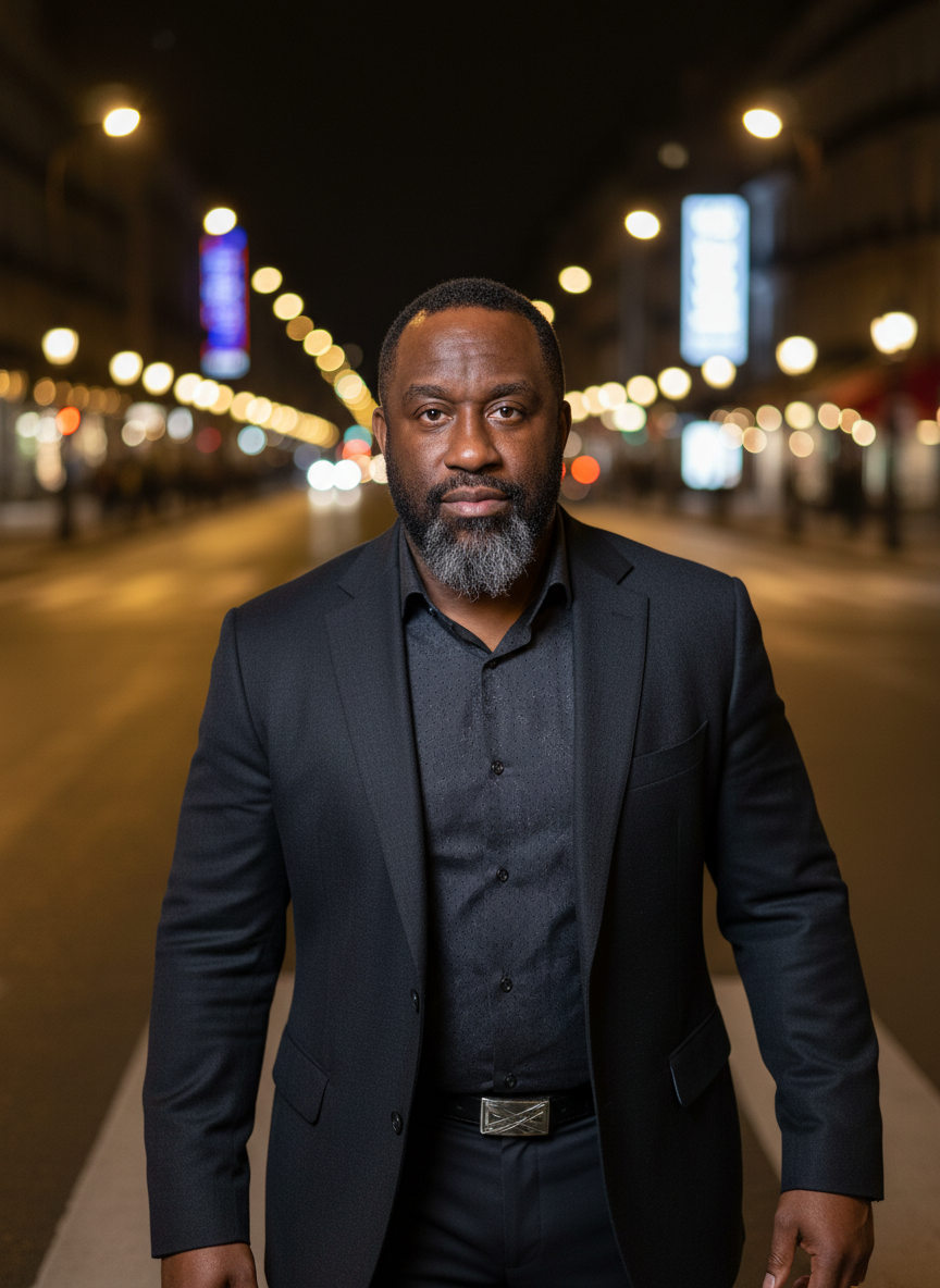 Warren Ford, a black man, in a black suit standing on a city street at night with blurred city lights in the background.