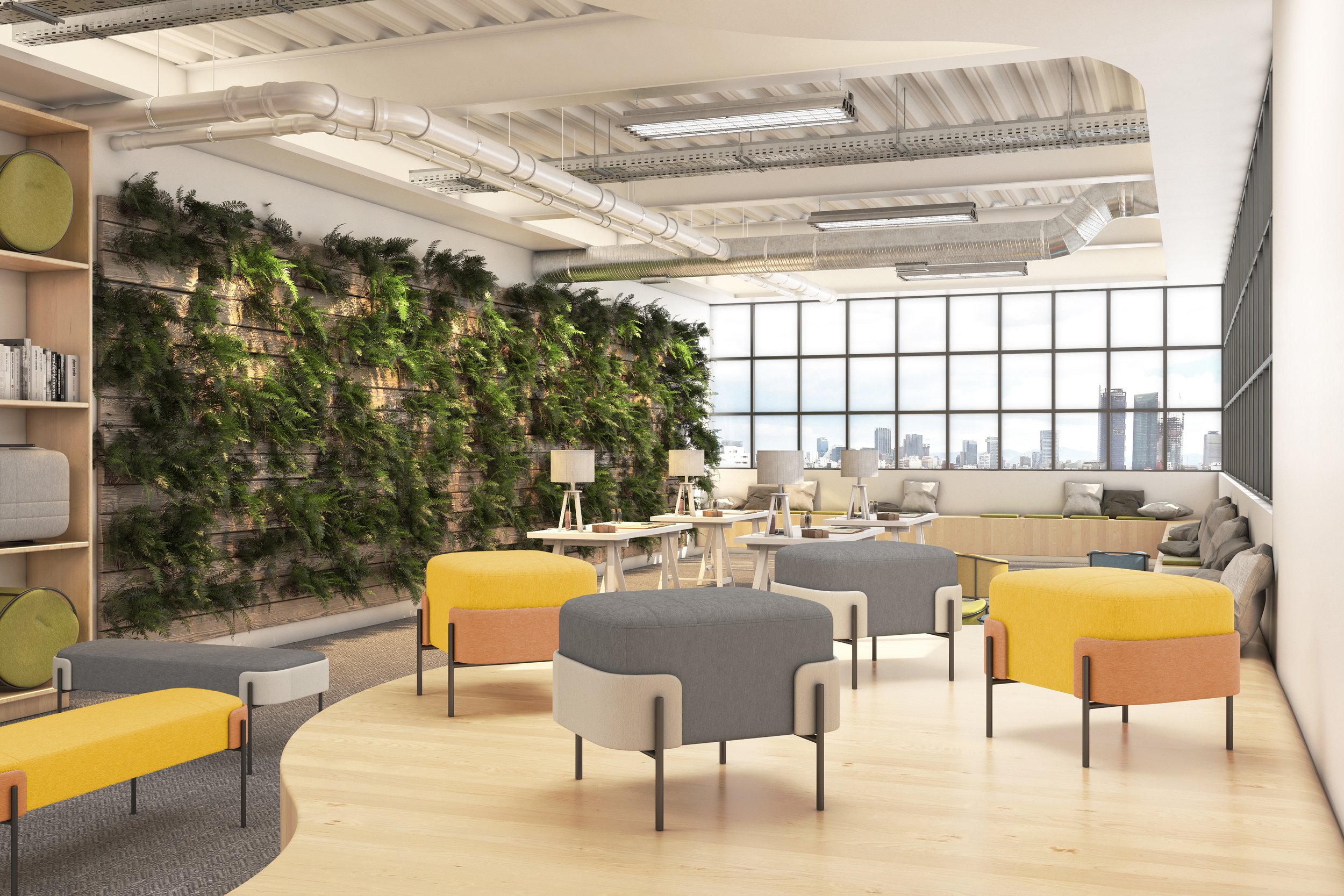 Sala moderna con sillas de colores, planta vertical en la pared, ventanas grandes con vista a la ciudad y mesas con lámparas.