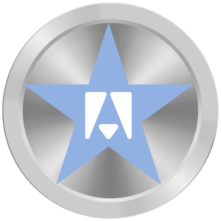 Logo circular con estrella azul y un símbolo en color blanco en el centro.