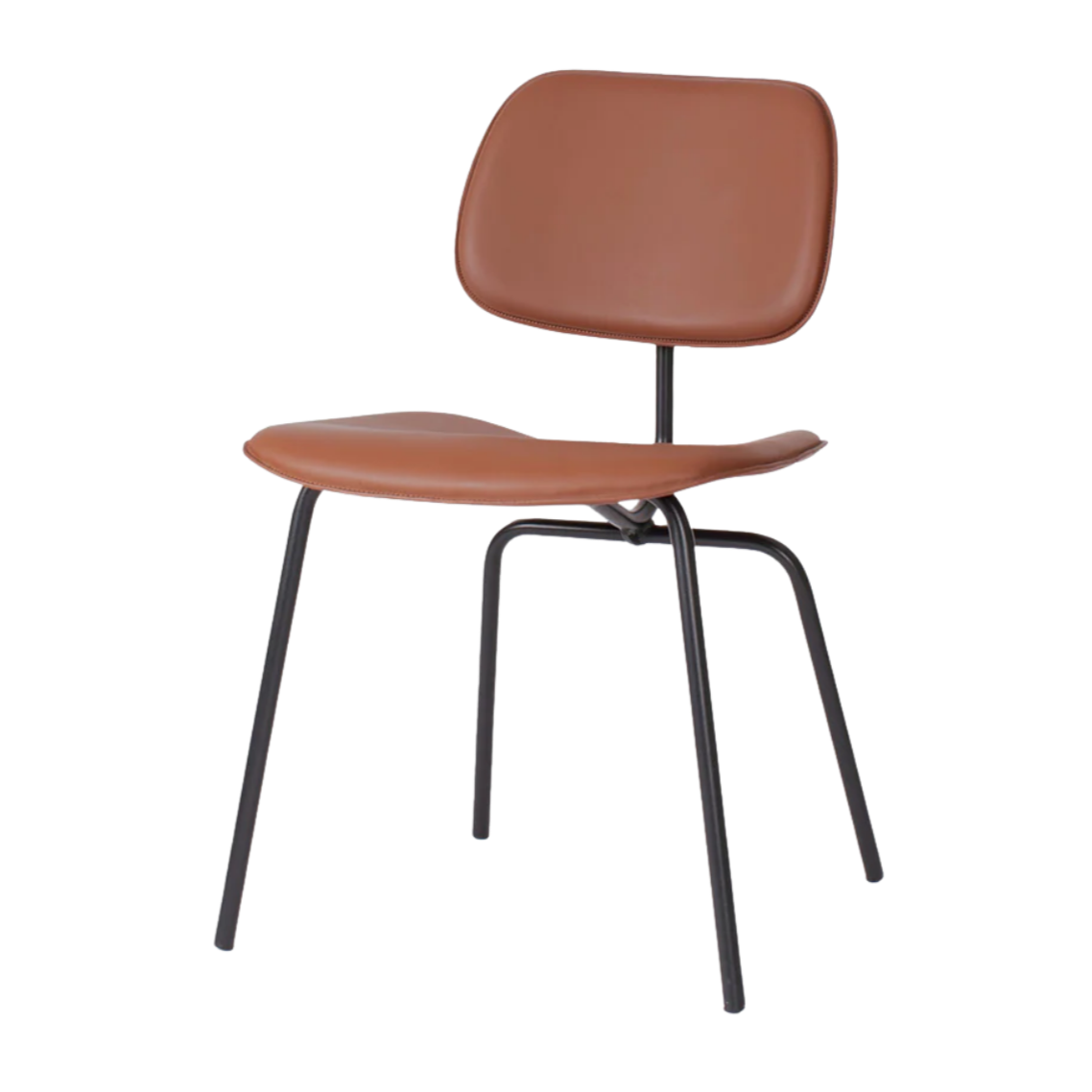 Silla moderna de asiento y respaldo en color marrón con patas de metal negro.