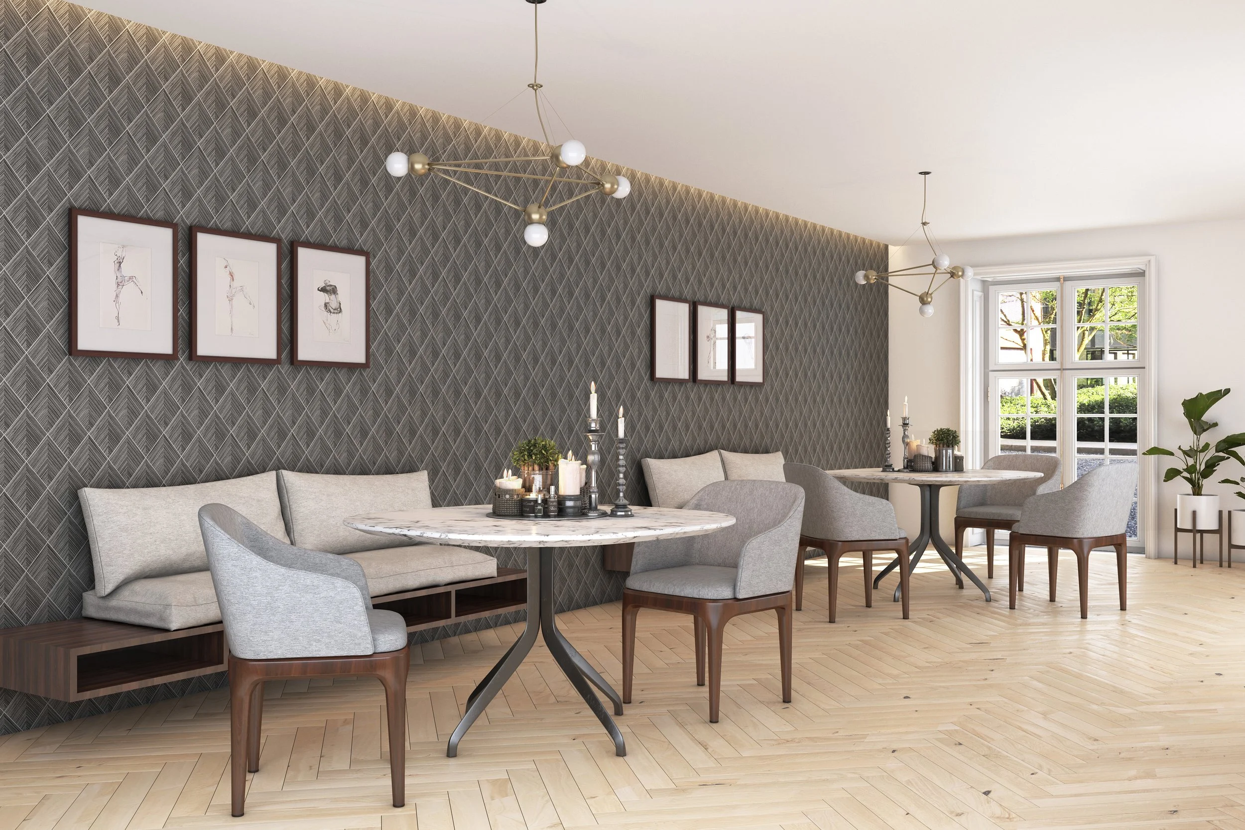 Sala de comedor moderna con mesa de mármol, sillas grises y beige, pared decorativa con cuadros, ventanas grandes y plantas.