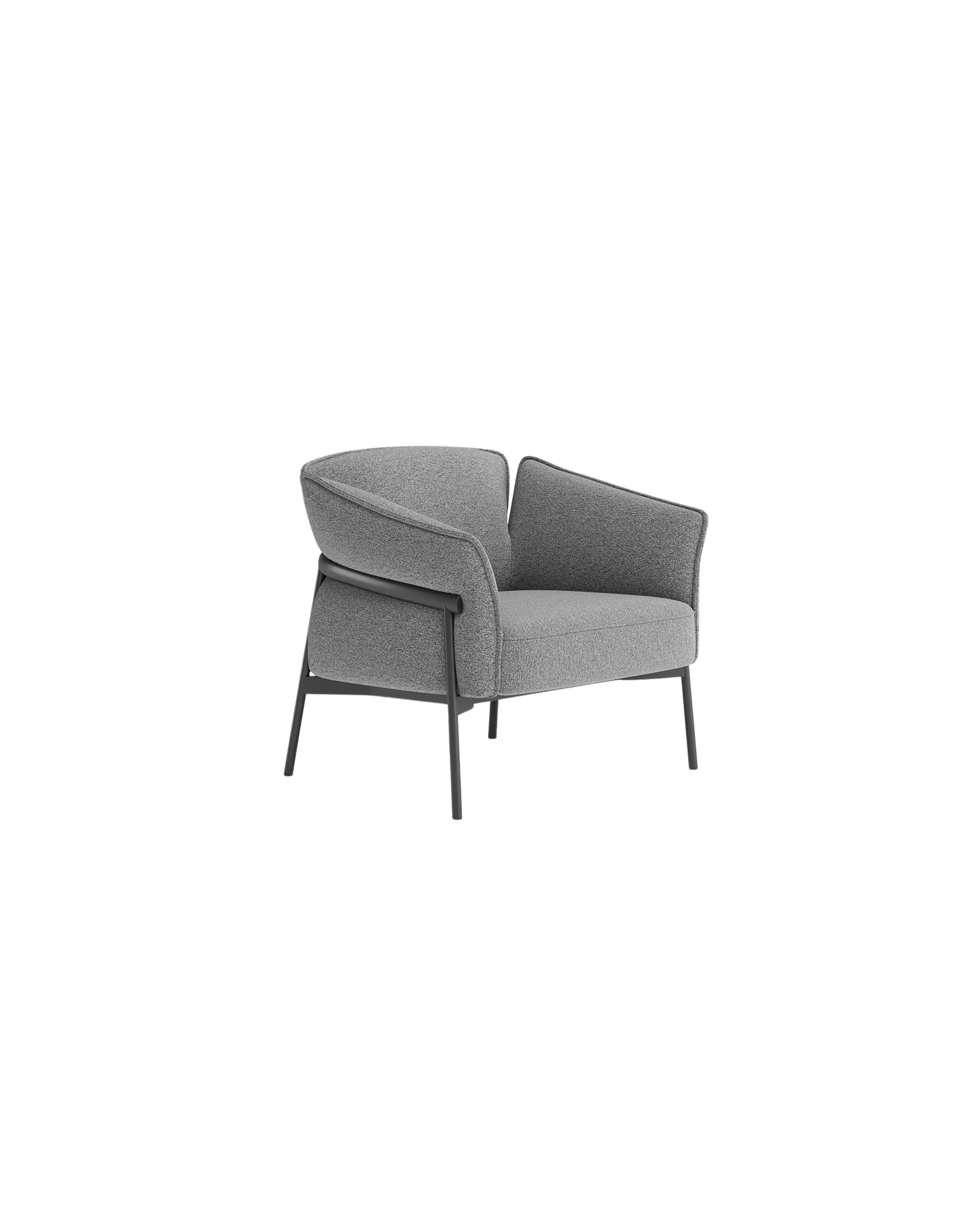 Silla moderna de color gris con estructura metálica negra, con cojines acolchados y respaldo curvado