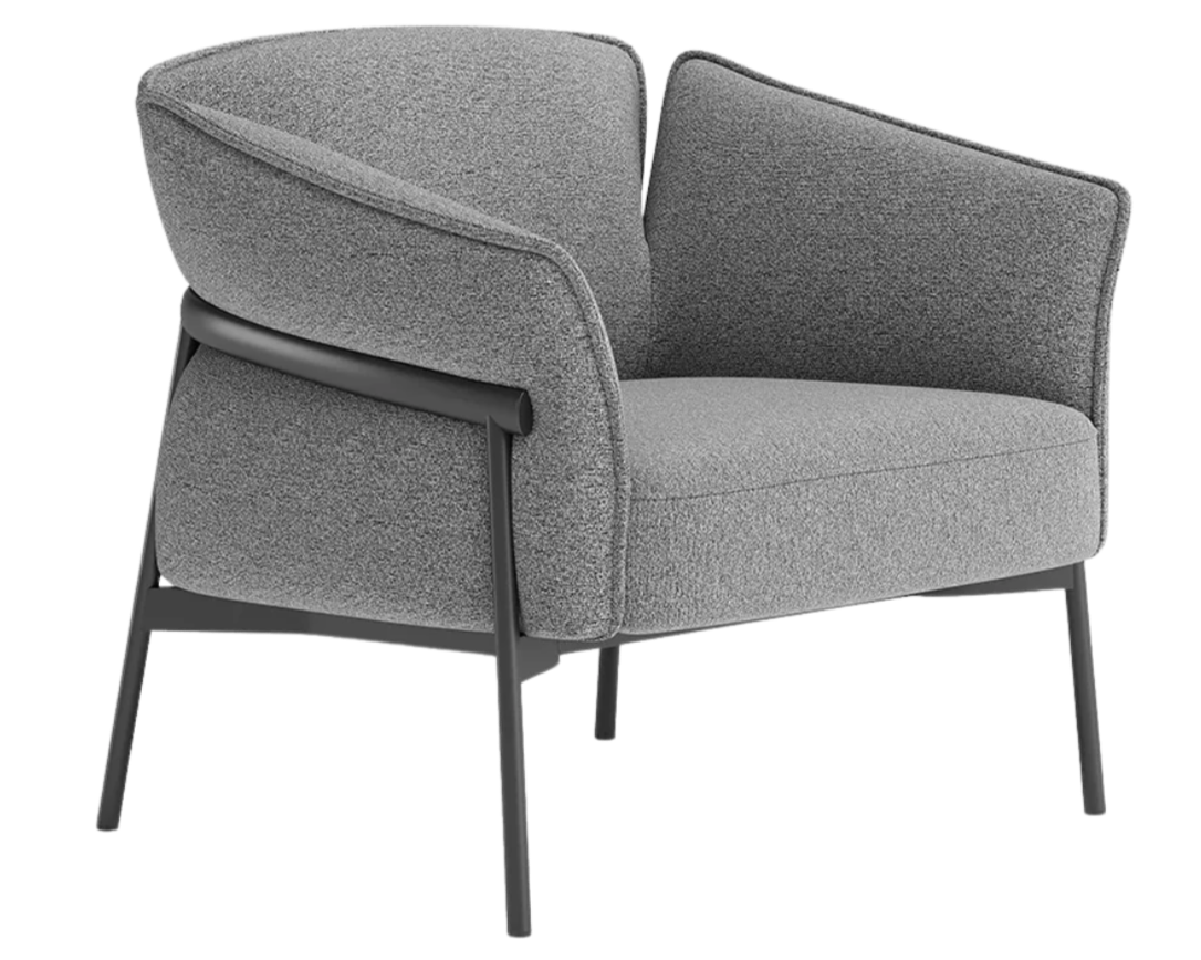 Silla moderna de color gris, con estructura metálica delgada y respaldo curvado.