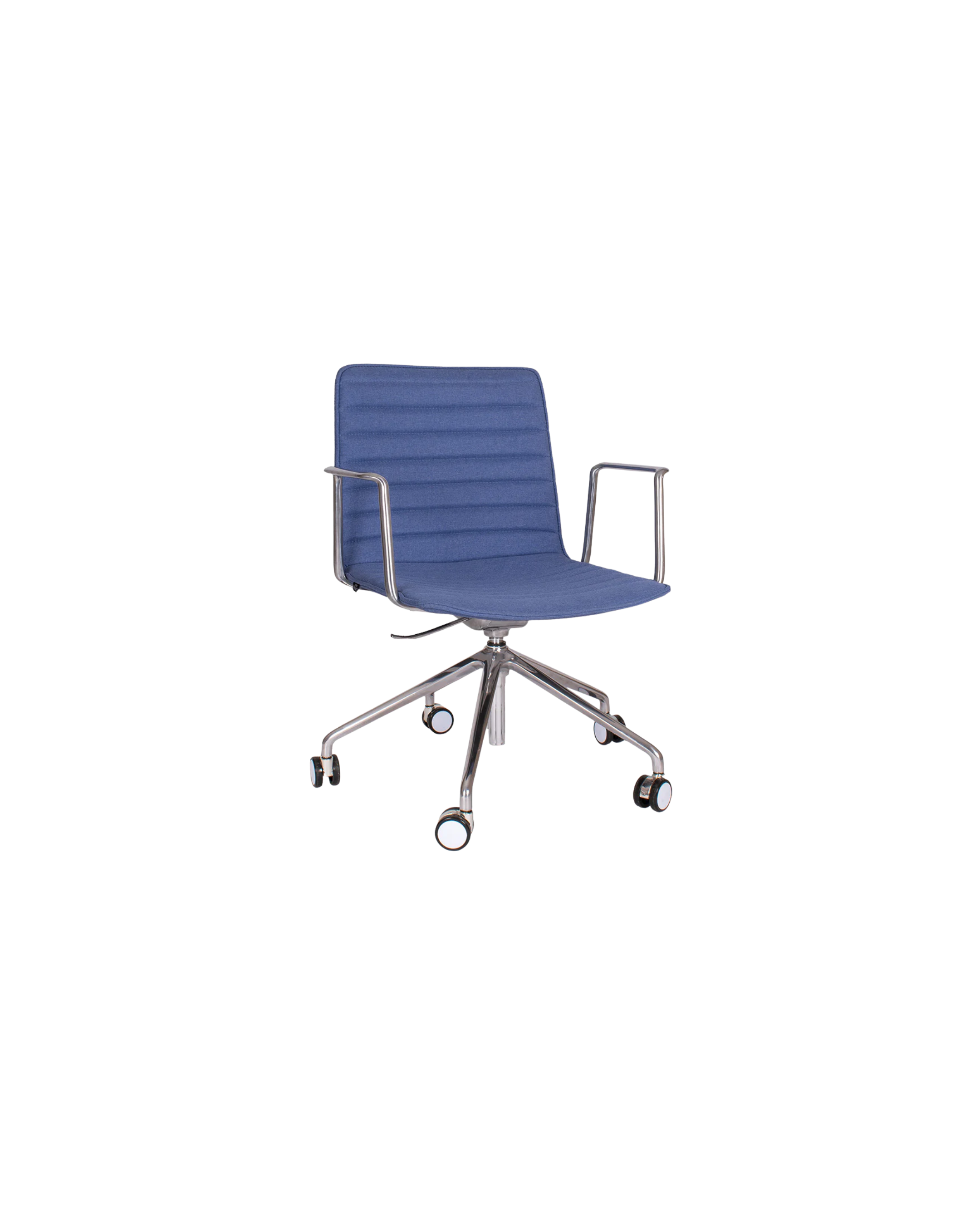 Silla de oficina moderna con respaldo y asiento azul, estructura metálica y ruedas