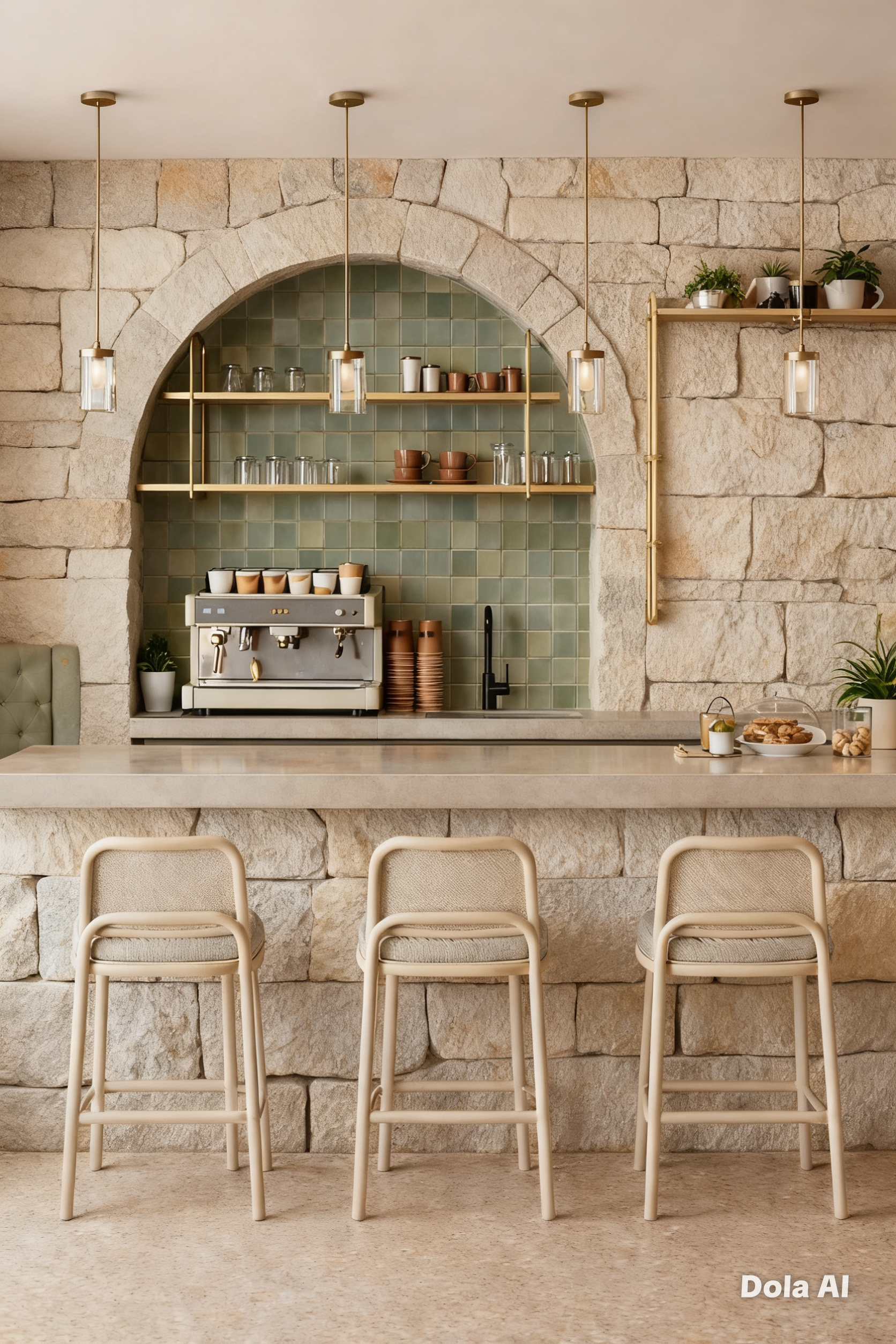 Barra de café en un estilo rústico con sillas blancas y decoración de plantas y utensilios de café en estantes y encimera.