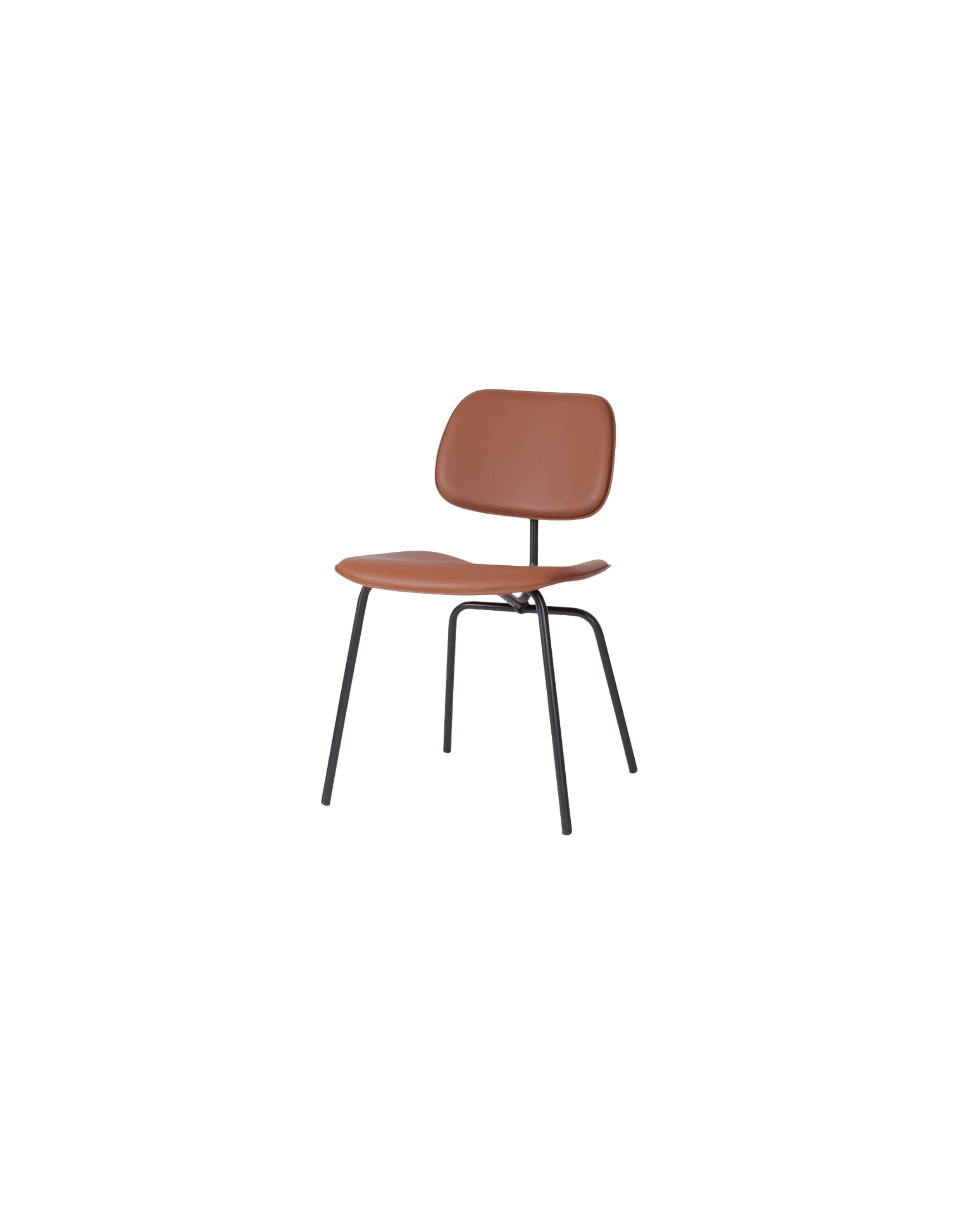 Silla moderna con respaldo y asiento de color marrón, patas de metal negro, junto a un banco de pasajero en un espacio interior.