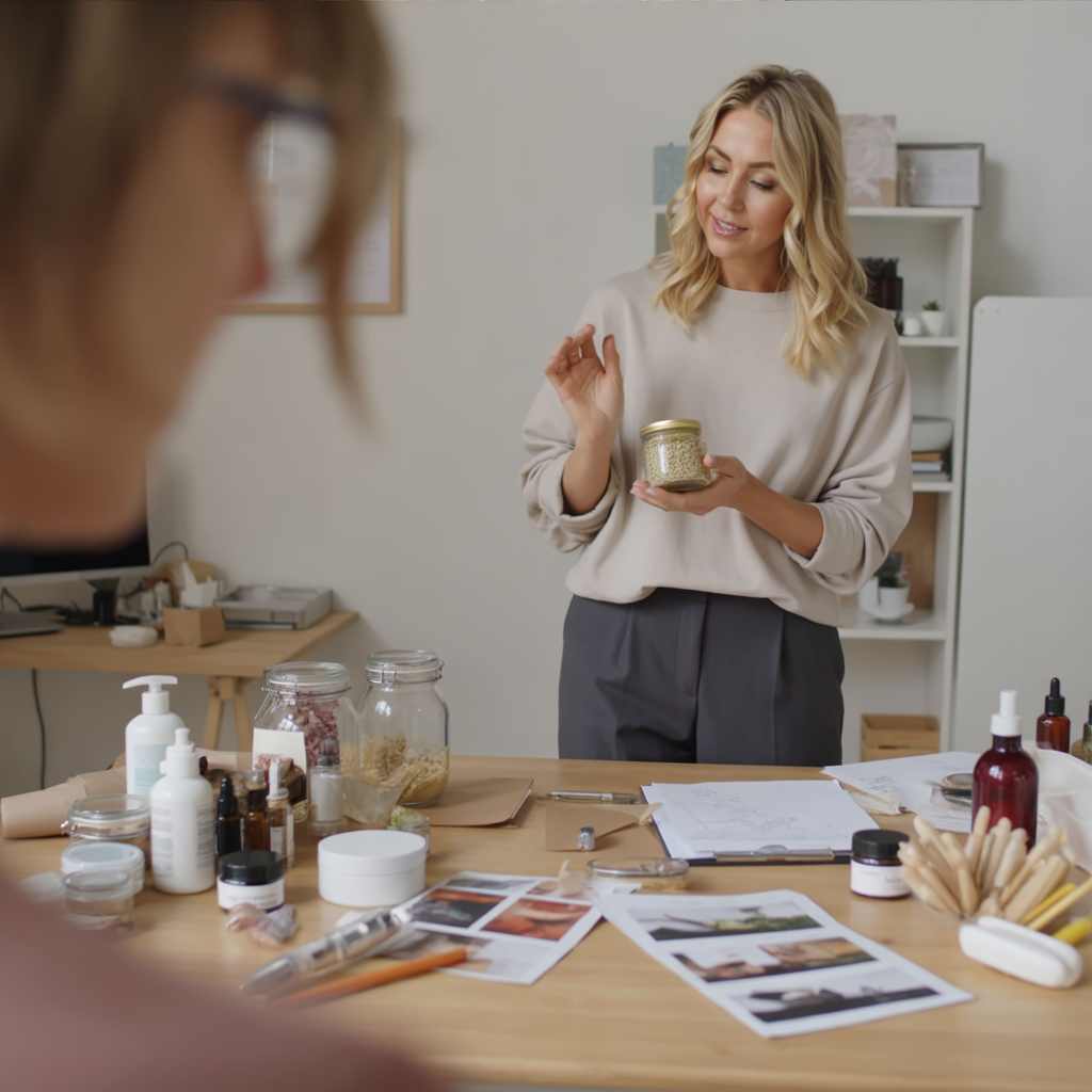 Woman demonstrating skincare products in a beauty or skincare workshop, with various jars, bottles, and skincare tools on a table.