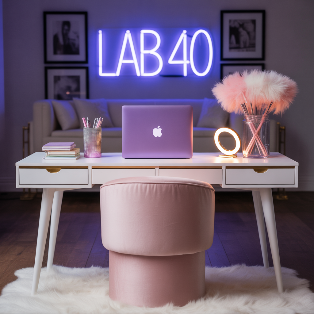 A modern workspace with a white desk and pink chair, featuring a laptop, notebooks, a pen holder, a circular light, and a pink fur-decorated vase, with a glowing "LAB 40" sign and framed photos in the background.