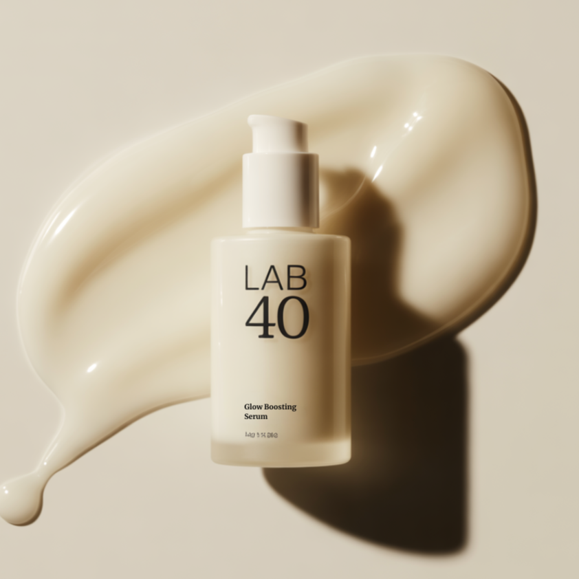A white bottle of LAB 40 Glow Boosting Serum with some of the serum spilled around it, creating a creamy smear on a plain background.