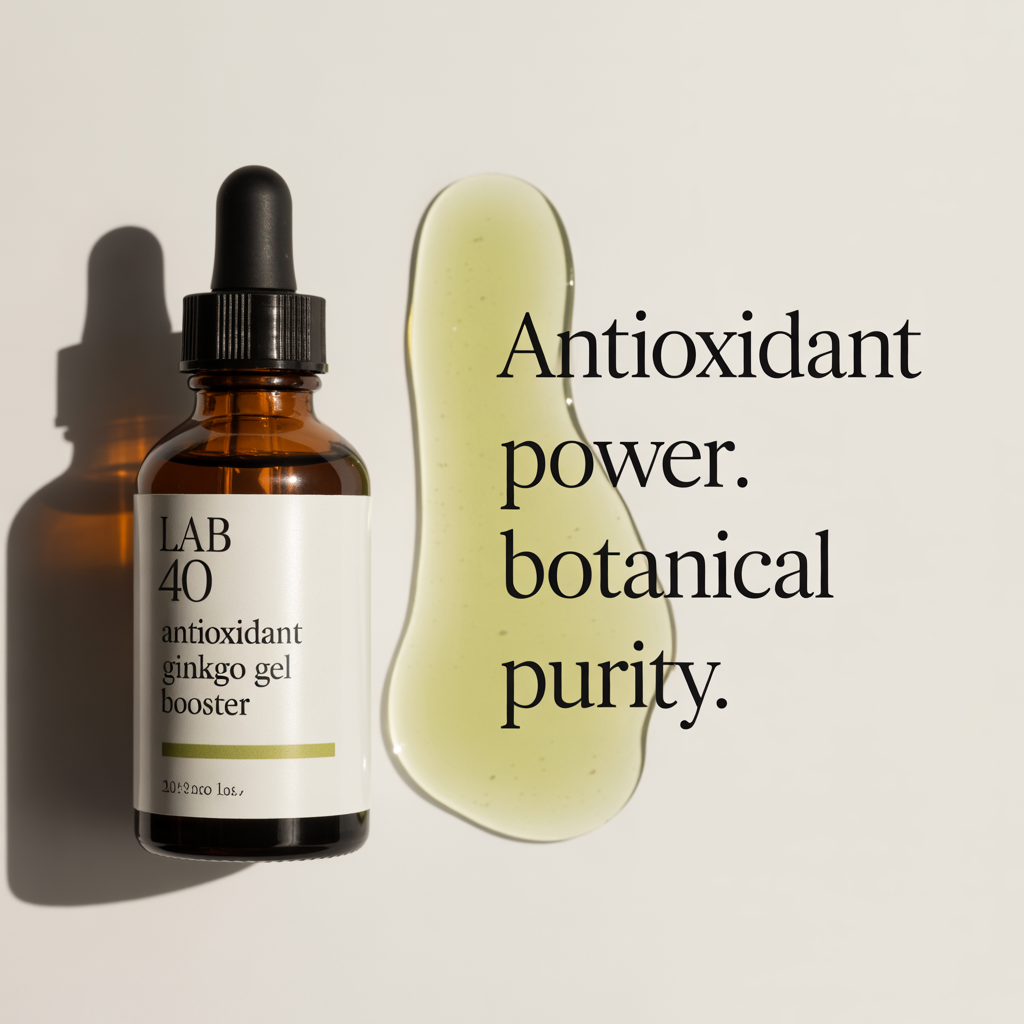 A small amber dropper bottle labeled 'LAB 40 antioxidant gingko gel booster' with a black dropper cap. Next to it is a smear of light greenish gel and black text saying 'Antioxidant power. botanical purity.' on a white background.