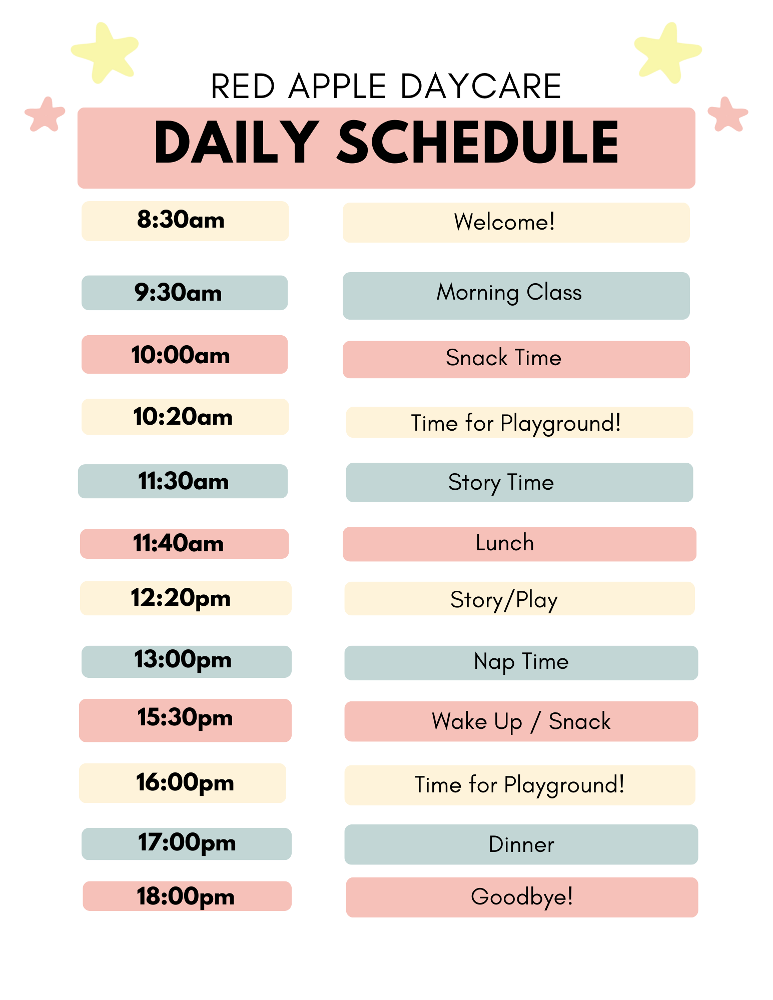 Daily schedule at Red Apple Daycare in Santa Clara, showing structured activities including learning time, meals, playtime, and rest.