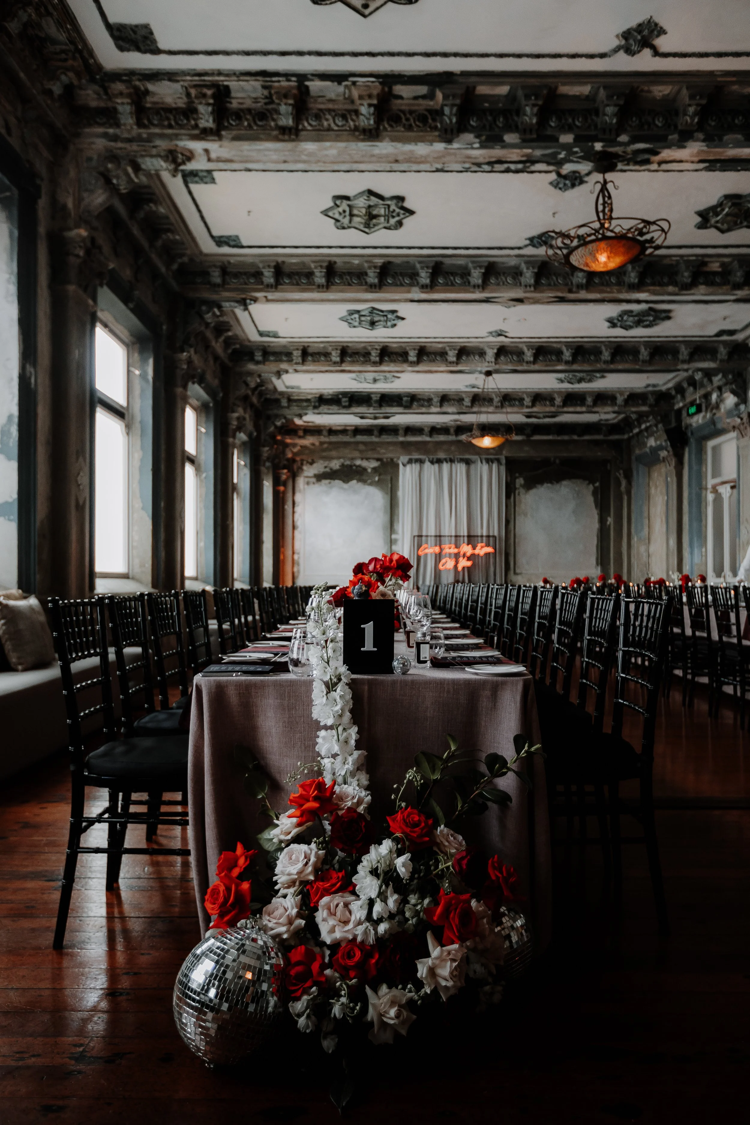 Gothic stylised wedding reception tablescape the george ballroom
