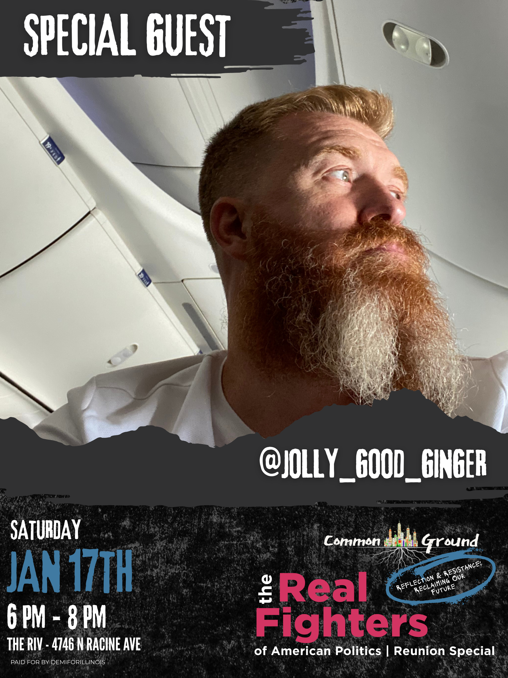 A man with a red beard and reddish hair seated inside an airplane, looking out the window. Overlaid text on the image promotes an event featuring The Real Fighters, a reunion of American politics, scheduled for Saturday, January 17th, from 6 PM to 8 