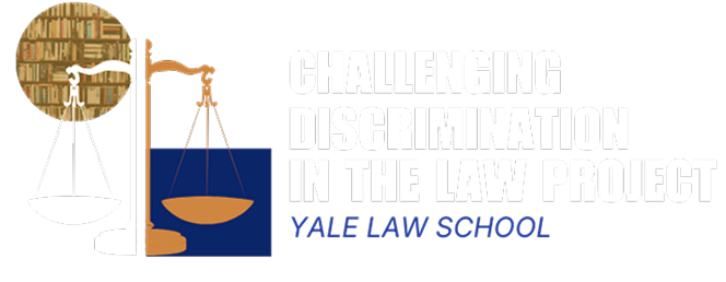 Logo for the Challenging Discrimination in the Law Project at Yale Law School, featuring stylized scales of justice in front of books.